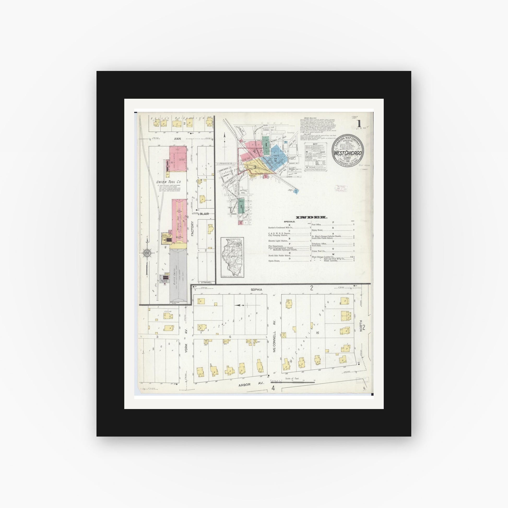 Old map wall art mockup — black gallery frame with white mat — Sanborn Fire Insurance Map from West Chicago, Du Page County, Illinois (1912), Sheet #0001