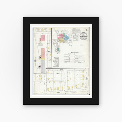 Old map wall art mockup — black gallery frame with white mat — Sanborn Fire Insurance Map from West Chicago, Du Page County, Illinois (1912), Sheet #0001