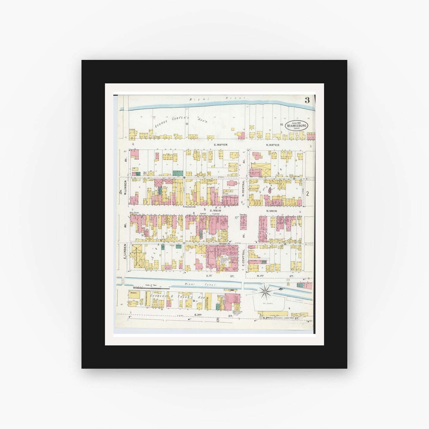 Old map wall art mockup — black gallery frame with white mat — Sanborn Fire Insurance Map from Miamisburg, Montgomery County, Ohio (1905), Sheet #0003