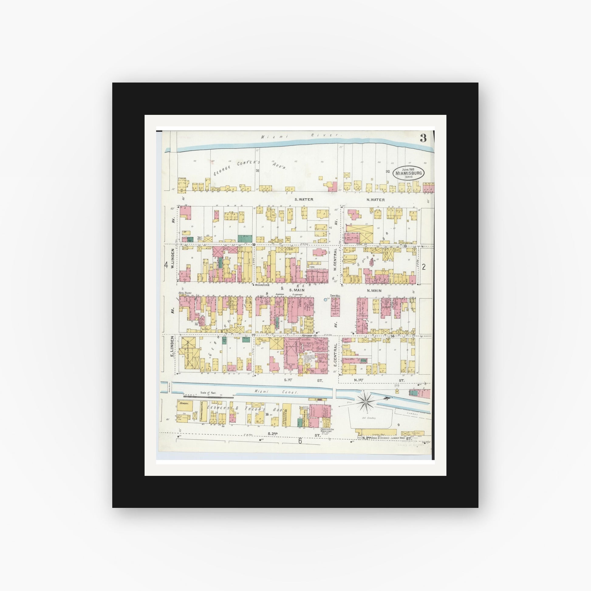 Old map wall art mockup — black gallery frame with white mat — Sanborn Fire Insurance Map from Miamisburg, Montgomery County, Ohio (1905), Sheet #0003