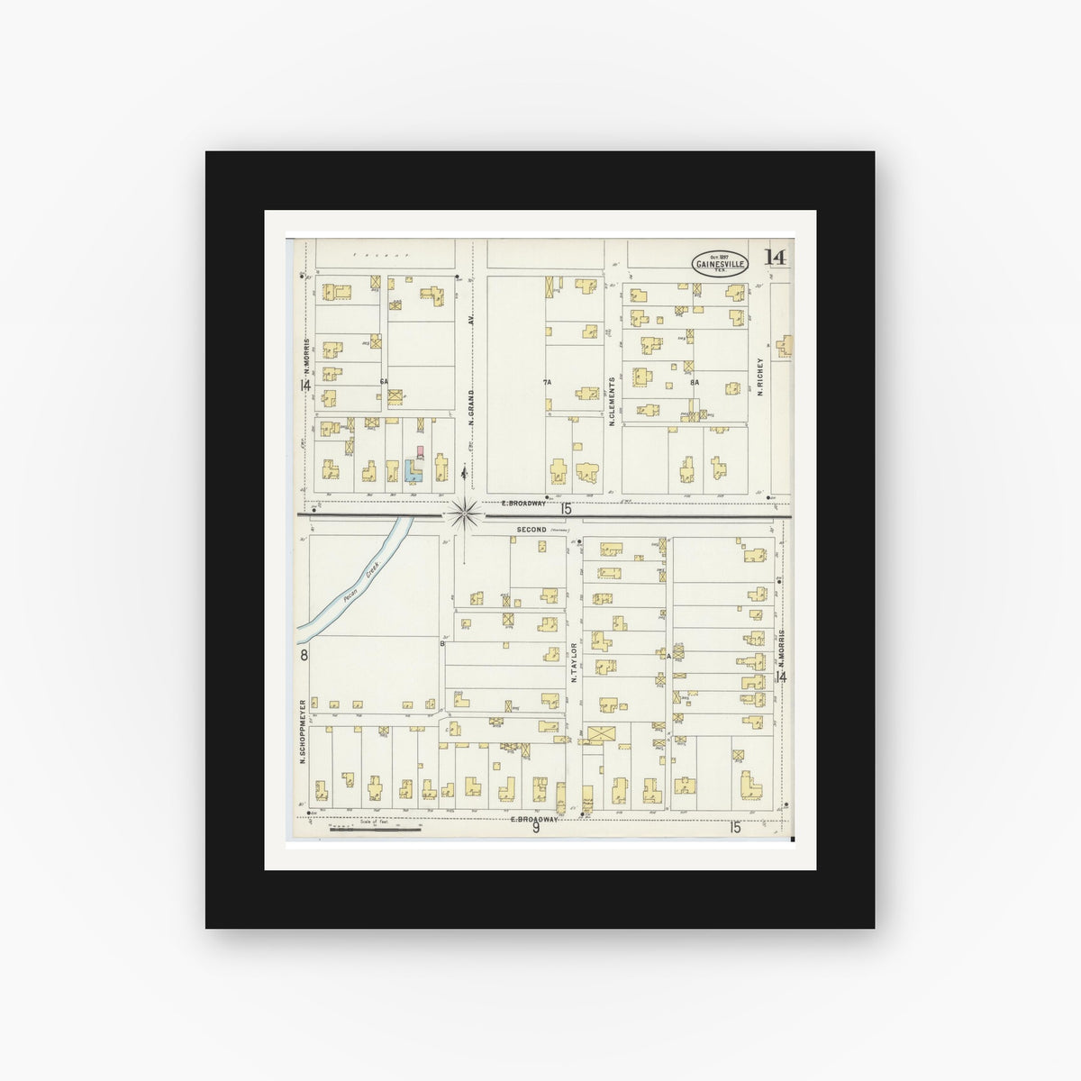 Old map wall art mockup — black gallery frame with white mat — Sanborn Fire Insurance Map from Gainesville, Cooke County, Texas (1897), Sheet #0014