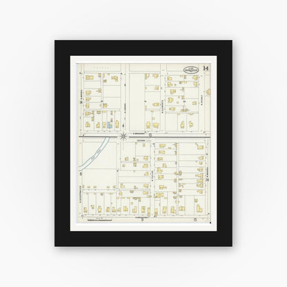 Old map wall art mockup — black gallery frame with white mat — Sanborn Fire Insurance Map from Gainesville, Cooke County, Texas (1897), Sheet #0014