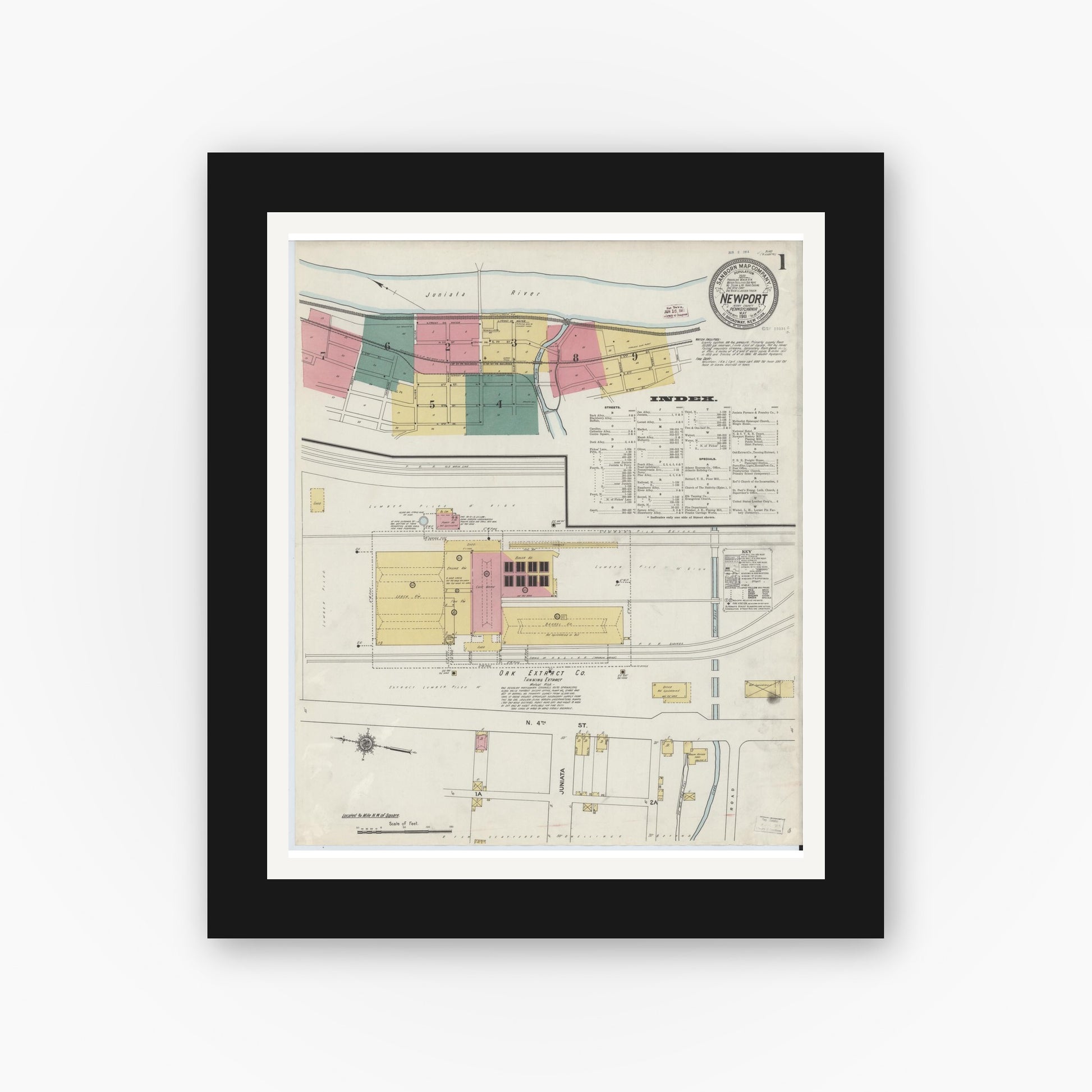 Old map wall art mockup — black gallery frame with white mat — Sanborn Fire Insurance Map from Newport, Perry County, Pennsylvania (1911) - Complete Map Set