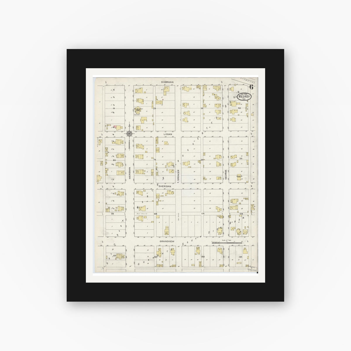 Old map wall art mockup — black gallery frame with white mat — Sanborn Fire Insurance Map from Redkey, Jay County, Indiana (1915), Sheet #0006