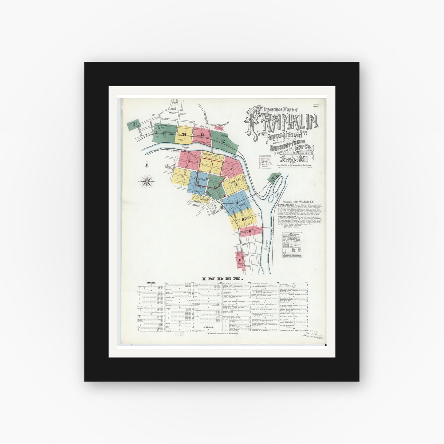 Old map wall art mockup — black gallery frame with white mat — Sanborn Fire Insurance Map from Franklin, Venango County, Pennsylvania (1901) - Complete Map Set