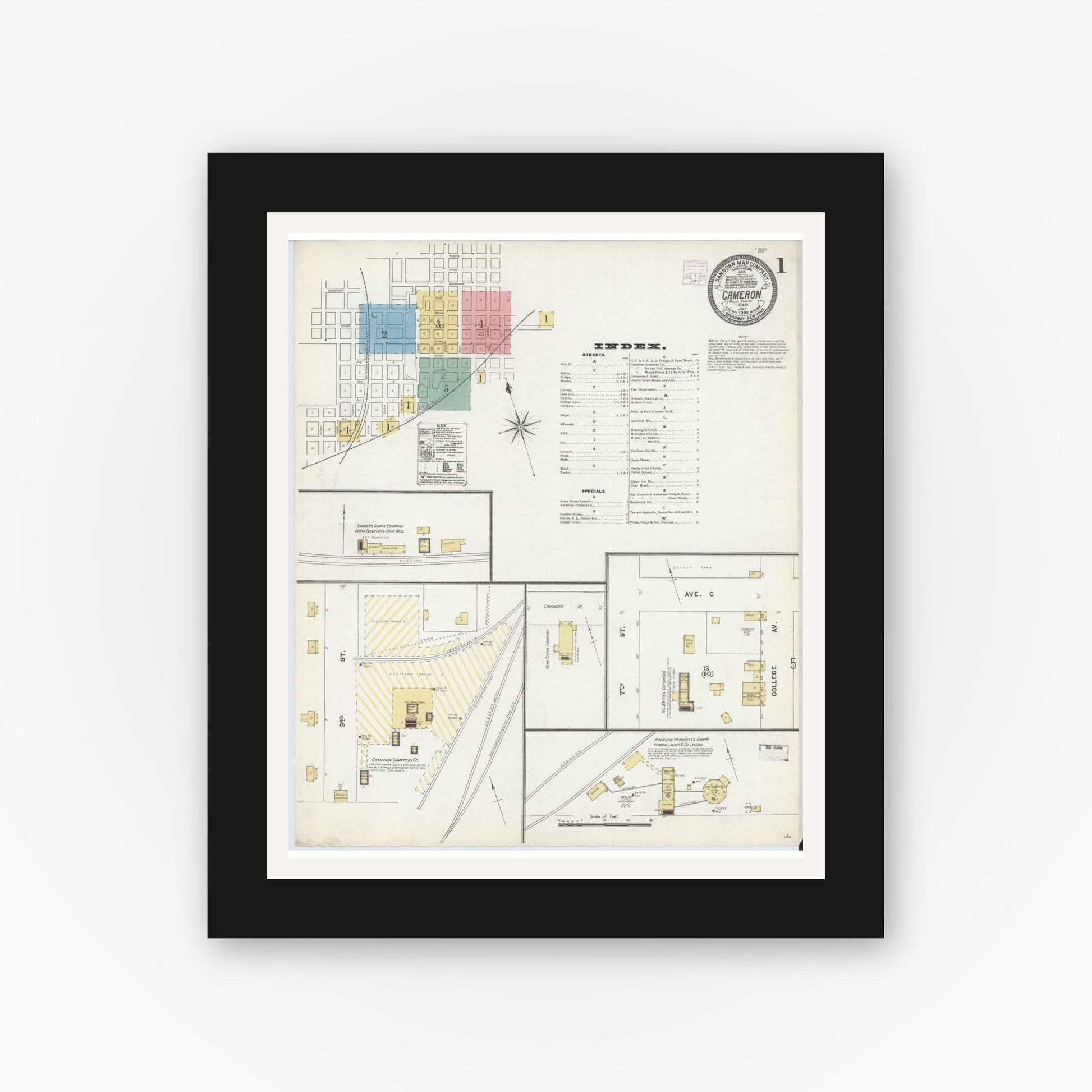 Old map wall art mockup — black gallery frame with white mat — Sanborn Fire Insurance Map from Cameron, Milam County, Texas (1906) - Complete Map Set