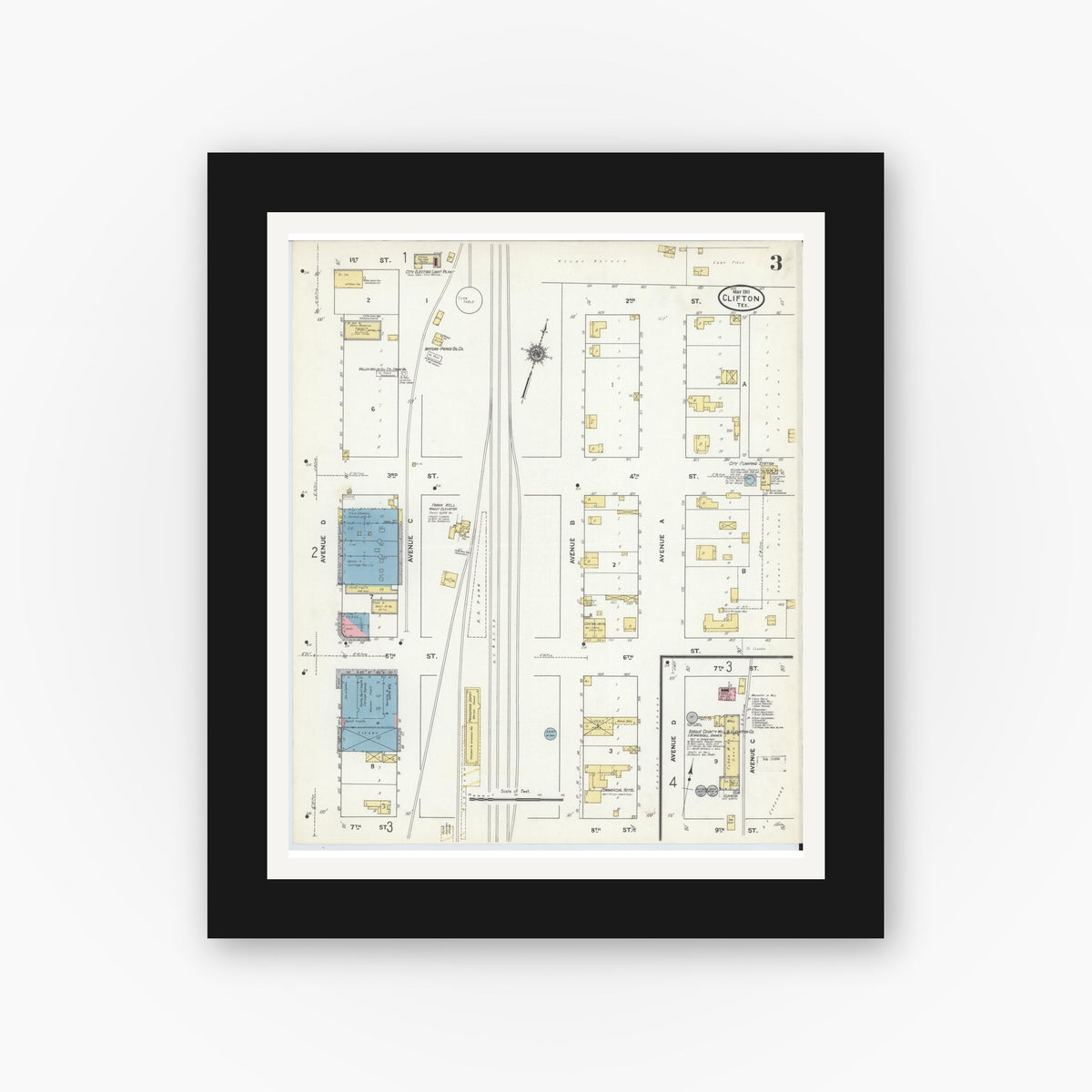 Old map wall art mockup — black gallery frame with white mat — Sanborn Fire Insurance Map from Clifton, Bosque County, Texas (1911), Sheet #0003
