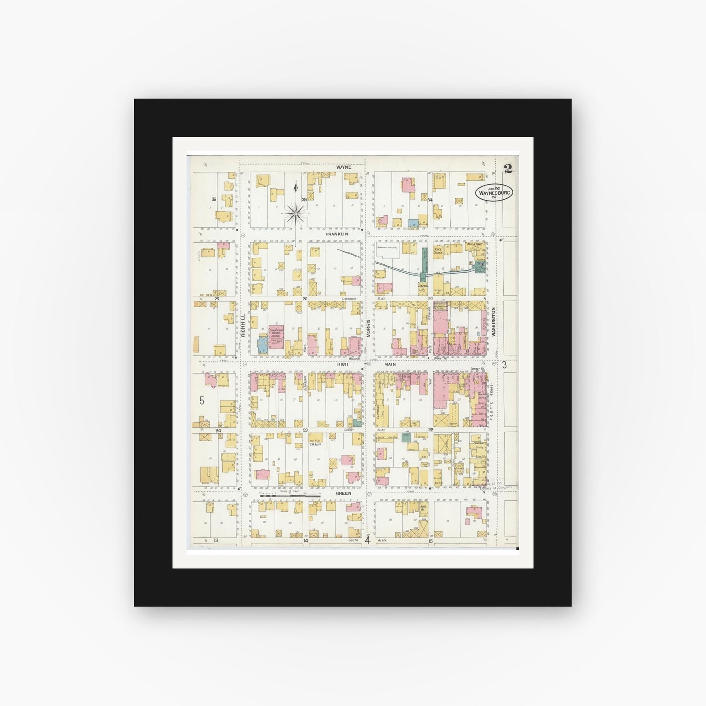 Old map wall art mockup — black gallery frame with white mat — Sanborn Fire Insurance Map from Waynesburg, Greene County, Pennsylvania (1901), Sheet #0002