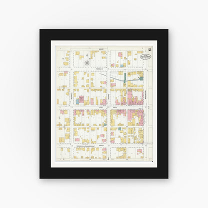 Old map wall art mockup — black gallery frame with white mat — Sanborn Fire Insurance Map from Waynesburg, Greene County, Pennsylvania (1901), Sheet #0002