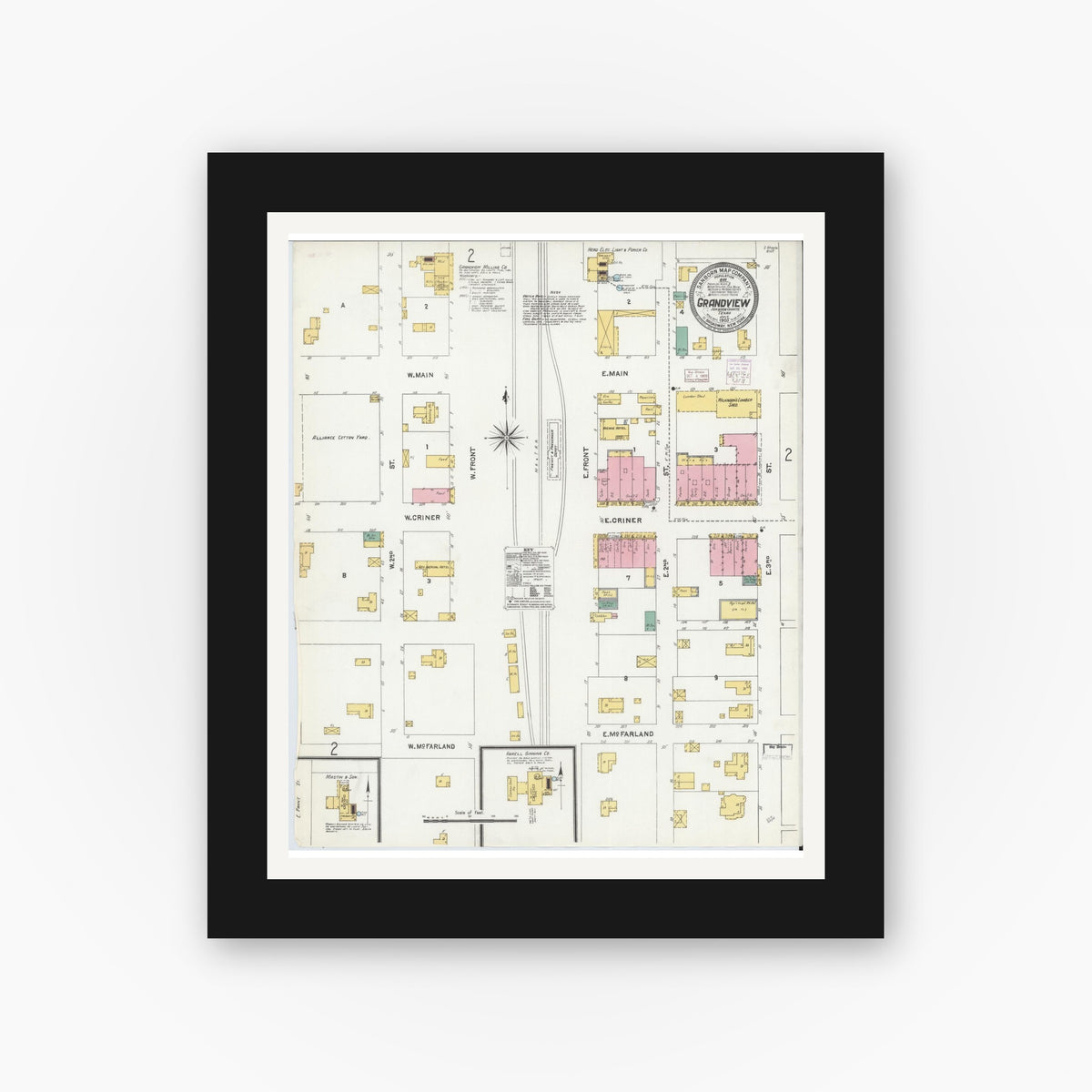 Old map wall art mockup — black gallery frame with white mat — Sanborn Fire Insurance Map from Grandview, Johnson County, Texas (1905) - Complete Map Set