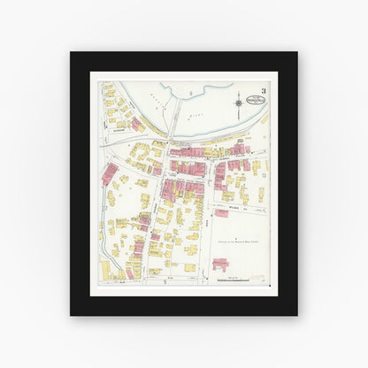 Old map wall art mockup — black gallery frame with white mat — Sanborn Fire Insurance Map from Hoosick Falls, Rensselaer County, New York (1910), Sheet #0003