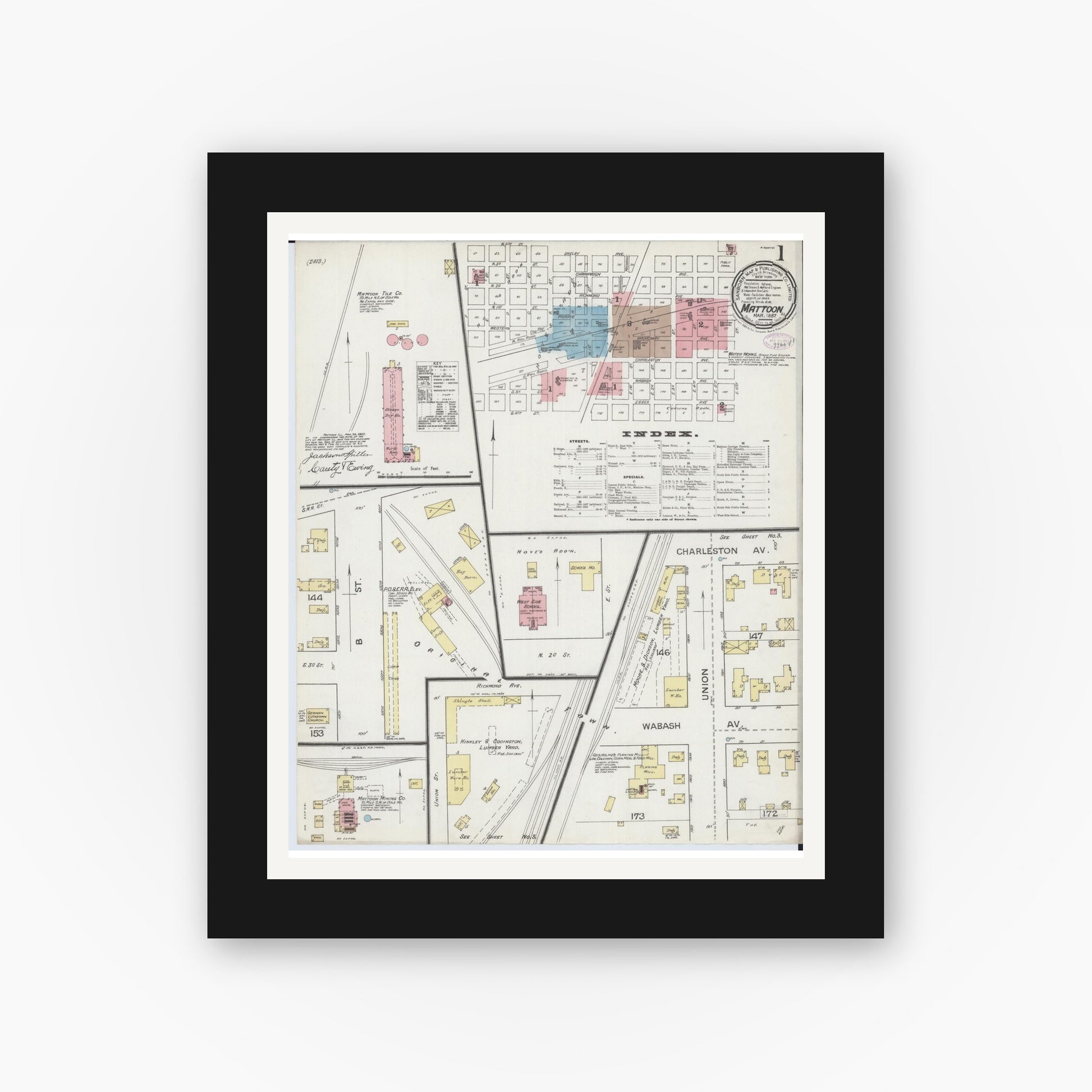 Old map wall art mockup — black gallery frame with white mat — Sanborn Fire Insurance Map from Mattoon, Coles County, Illinois (1887) - Complete Map Set