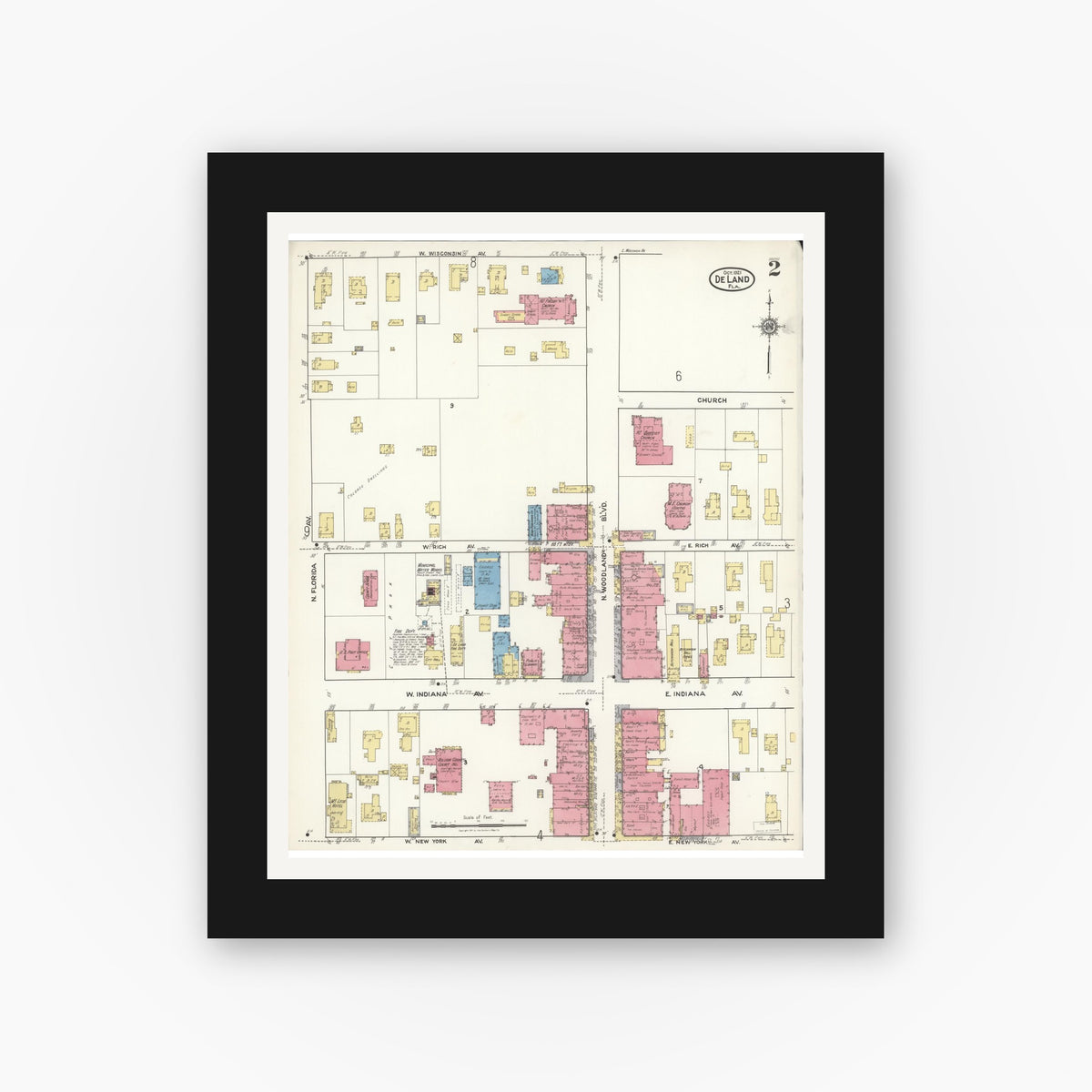Old map wall art mockup — black gallery frame with white mat — Sanborn Fire Insurance Map from De Land, Volusia County, Florida (1921), Sheet #0002