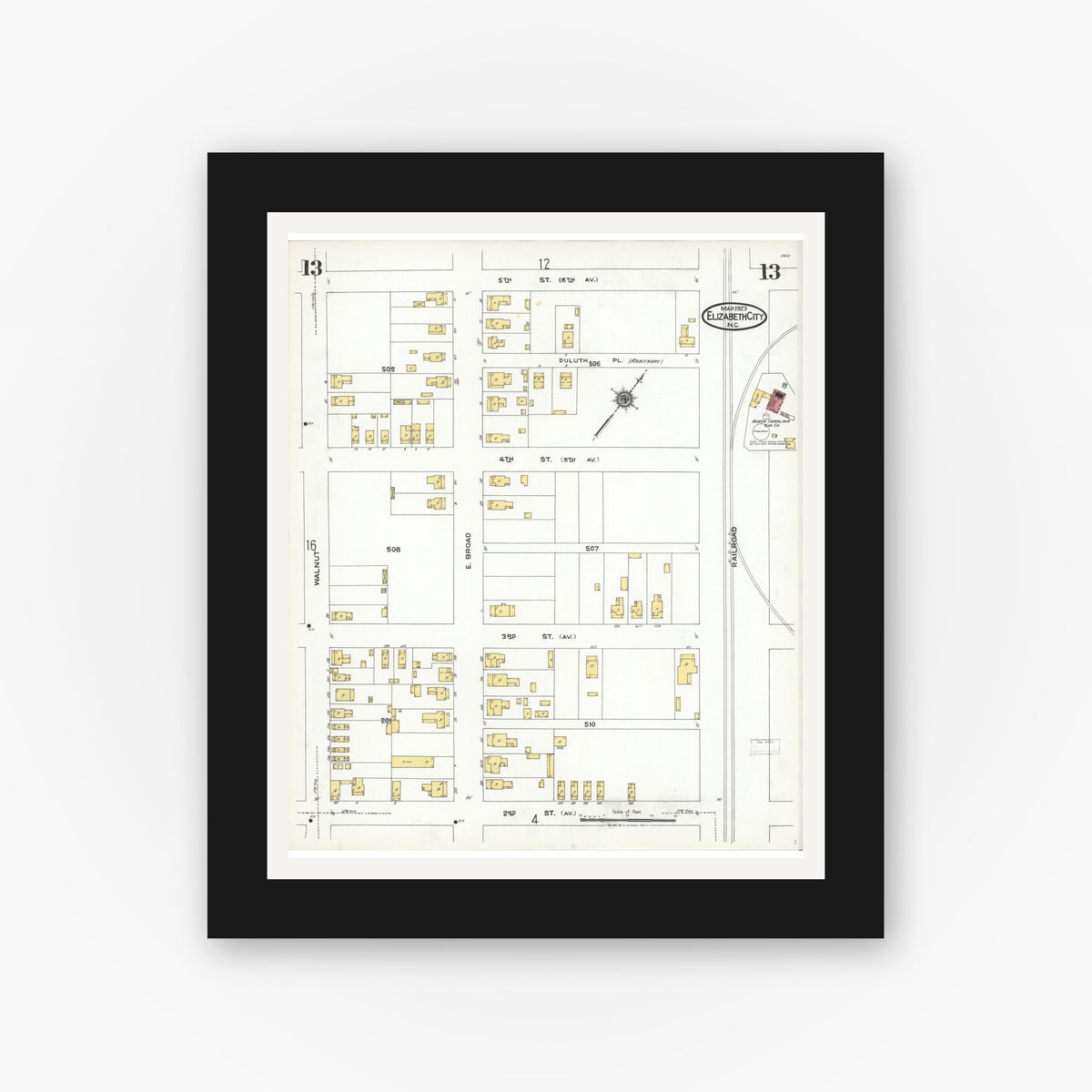 Old map wall art mockup — black gallery frame with white mat — Sanborn Fire Insurance Map from Elizabeth City, Pasquotank County, North Carolina (1923), Sheet #0013