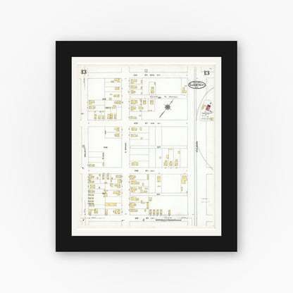 Old map wall art mockup — black gallery frame with white mat — Sanborn Fire Insurance Map from Elizabeth City, Pasquotank County, North Carolina (1923), Sheet #0013