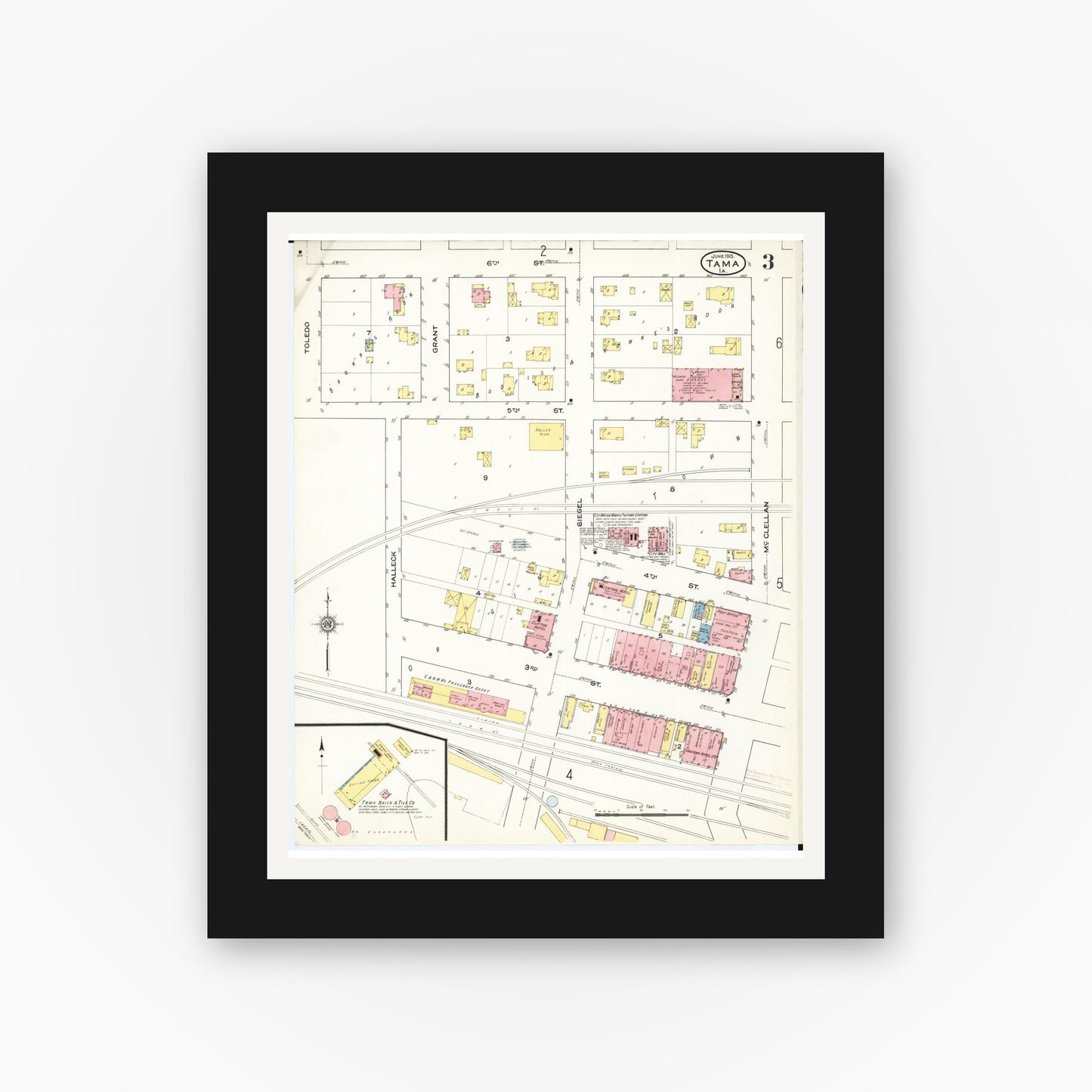 Old map wall art mockup — black gallery frame with white mat — Sanborn Fire Insurance Map from Tama, Tama County, Iowa (1915), Sheet #0003