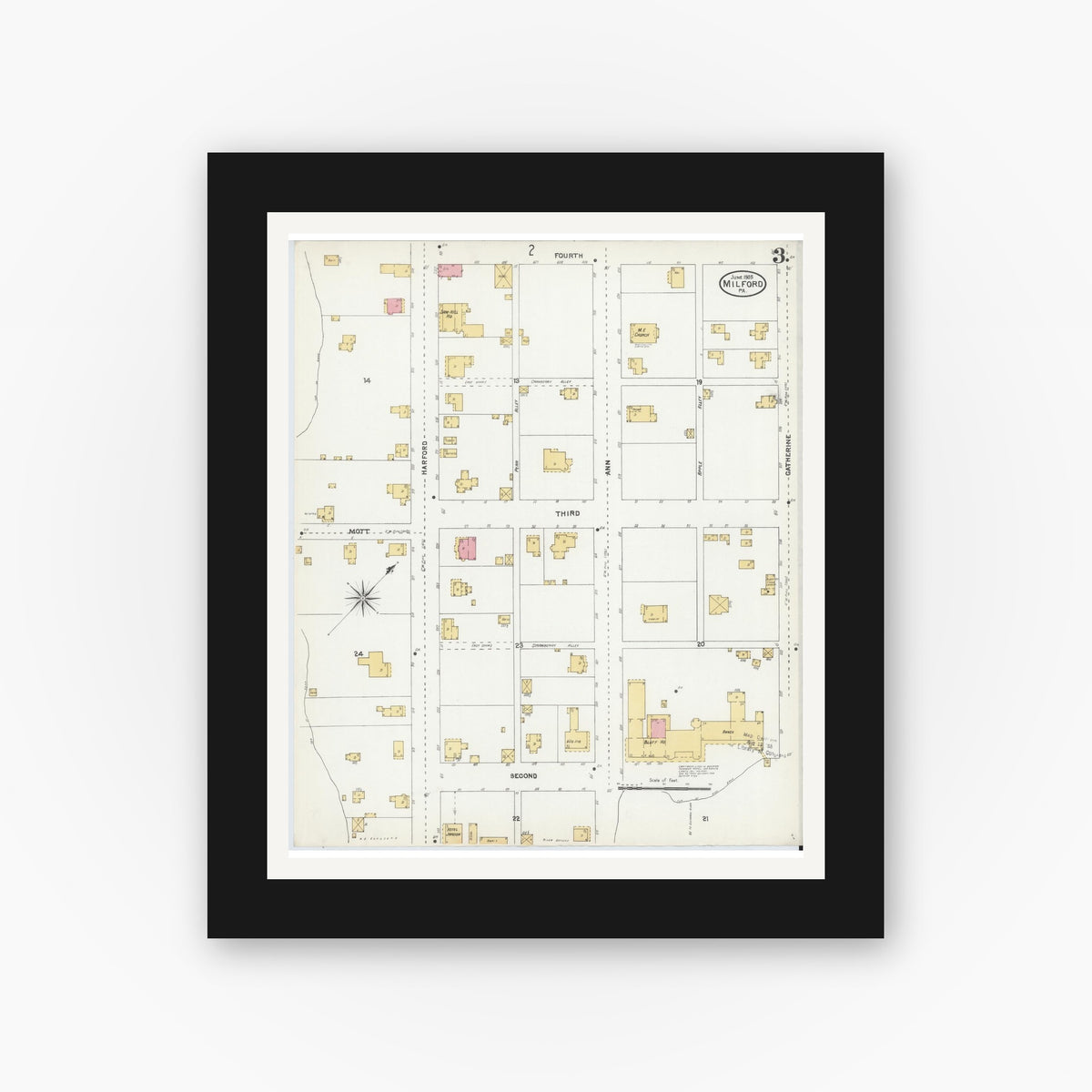 Old map wall art mockup — black gallery frame with white mat — Sanborn Fire Insurance Map from Milford, Pike County, Pennsylvania (1905), Sheet #0003