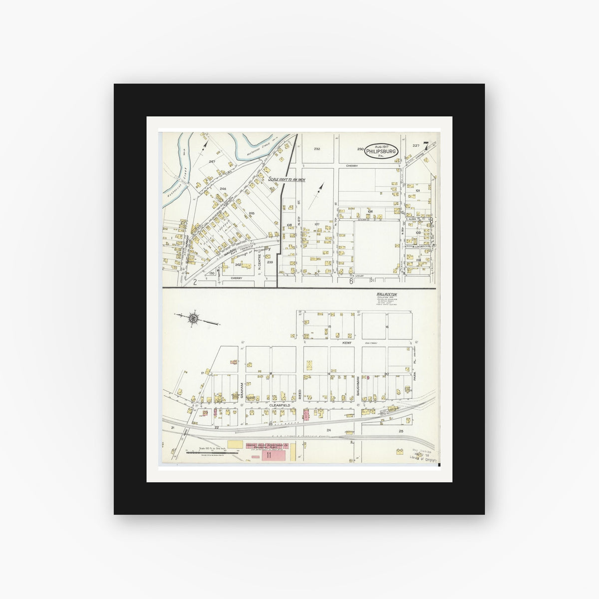 Old map wall art mockup — black gallery frame with white mat — Sanborn Fire Insurance Map from Philipsburg, Centre County, Pennsylvania (1917), Sheet #0007