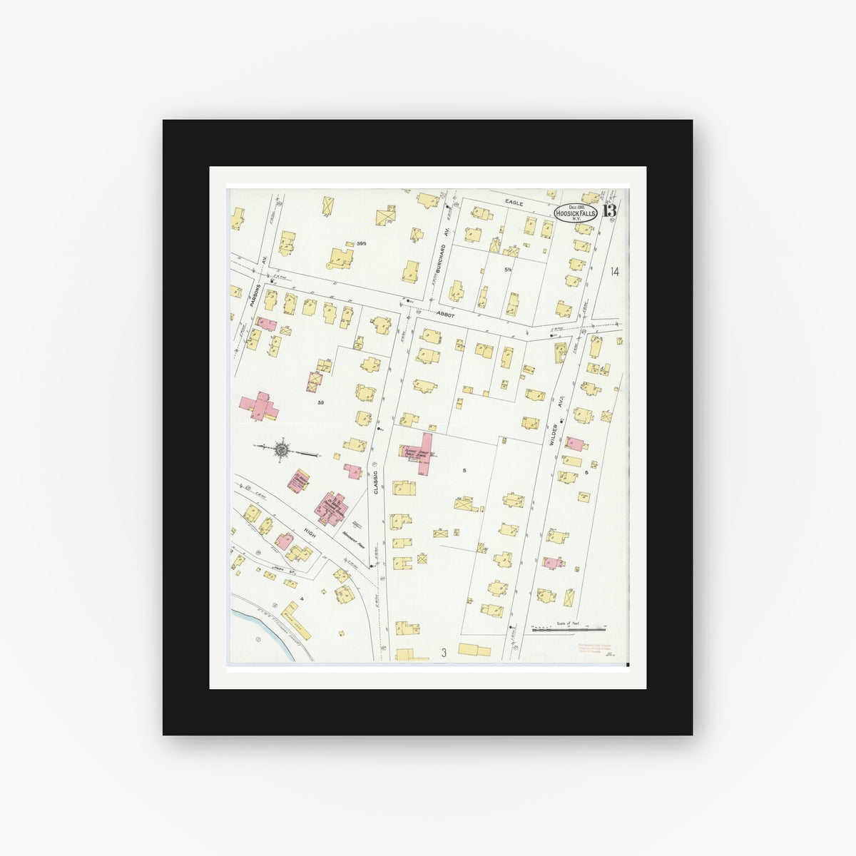 Old map wall art mockup — black gallery frame with white mat — Sanborn Fire Insurance Map from Hoosick Falls, Rensselaer County, New York (1910), Sheet #0013