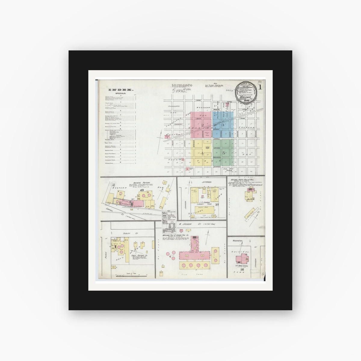 Old map wall art mockup — black gallery frame with white mat — Sanborn Fire Insurance Map from Macomb, Mcdonough County, Illinois (1892) - Complete Map Set