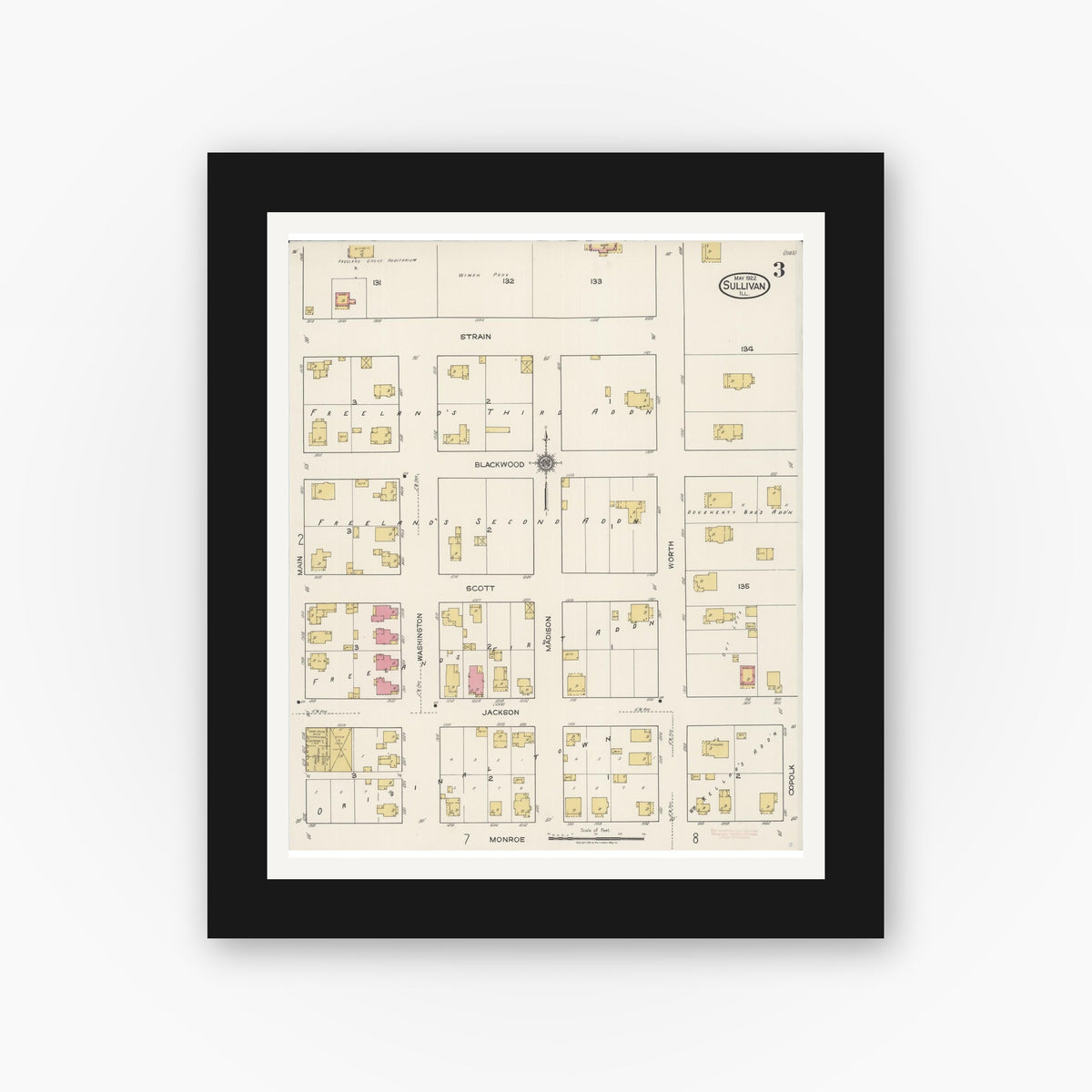 Old map wall art mockup — black gallery frame with white mat — Sanborn Fire Insurance Map from Sullivan, Moultrie County, Illinois (1922), Sheet #0003