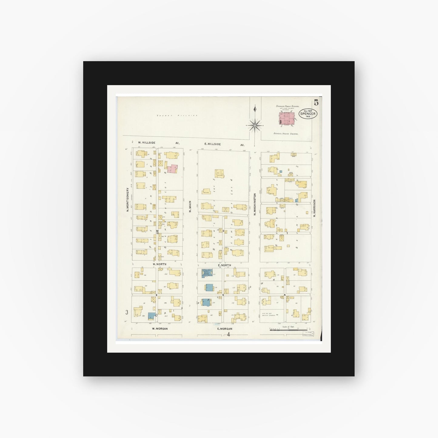 Old map wall art mockup — black gallery frame with white mat — Sanborn Fire Insurance Map from Spencer, Owen County, Indiana (1907), Sheet #0005