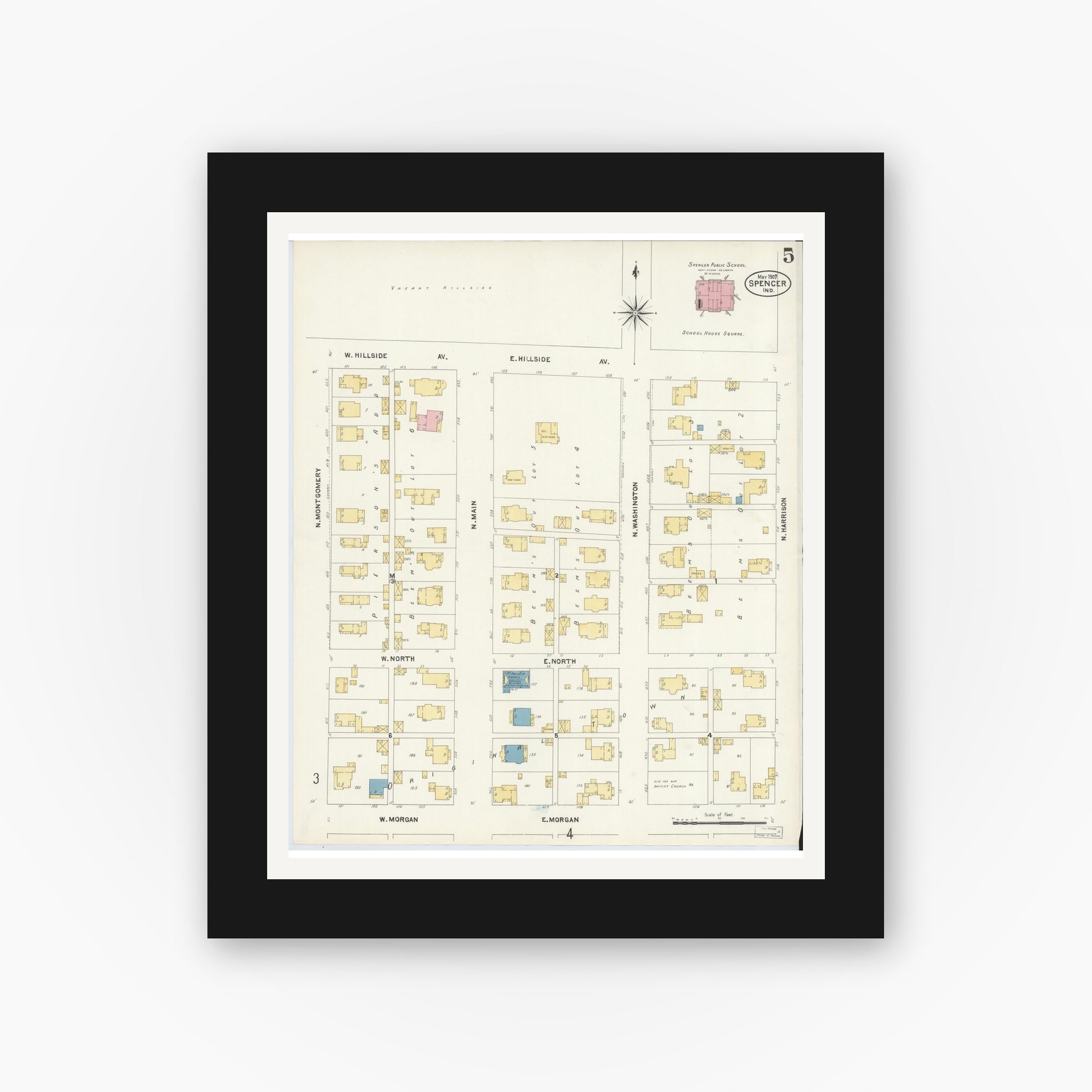 Old map wall art mockup — black gallery frame with white mat — Sanborn Fire Insurance Map from Spencer, Owen County, Indiana (1907), Sheet #0005