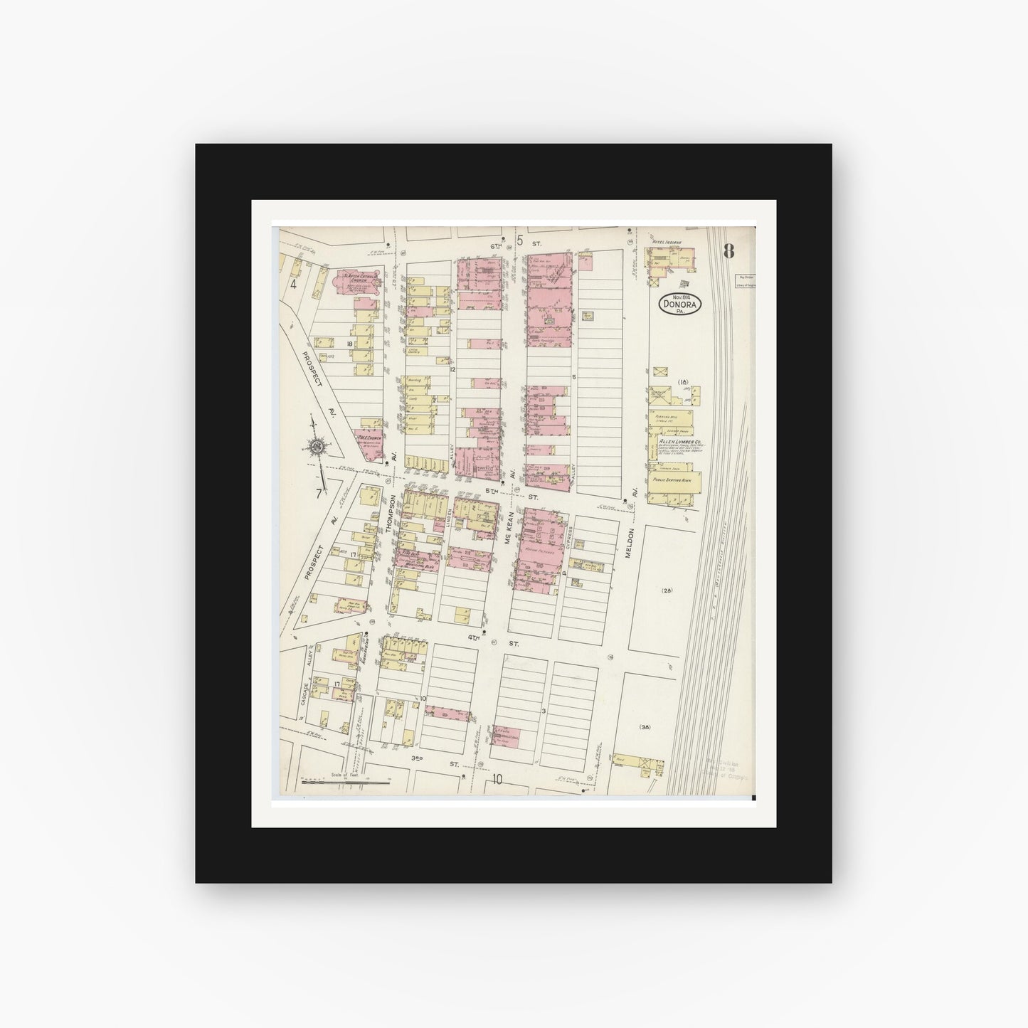 Old map wall art mockup — black gallery frame with white mat — Sanborn Fire Insurance Map from Donora, Washington County, Pennsylvania (1914), Sheet #0008