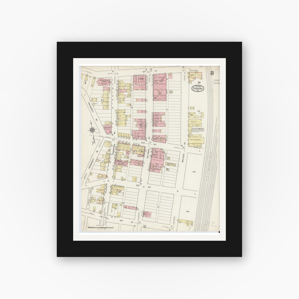 Old map wall art mockup — black gallery frame with white mat — Sanborn Fire Insurance Map from Donora, Washington County, Pennsylvania (1914), Sheet #0008