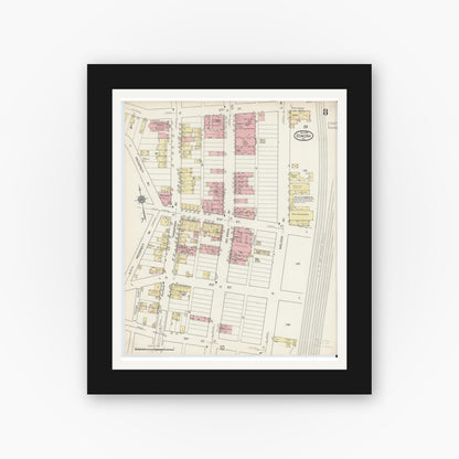 Old map wall art mockup — black gallery frame with white mat — Sanborn Fire Insurance Map from Donora, Washington County, Pennsylvania (1914), Sheet #0008