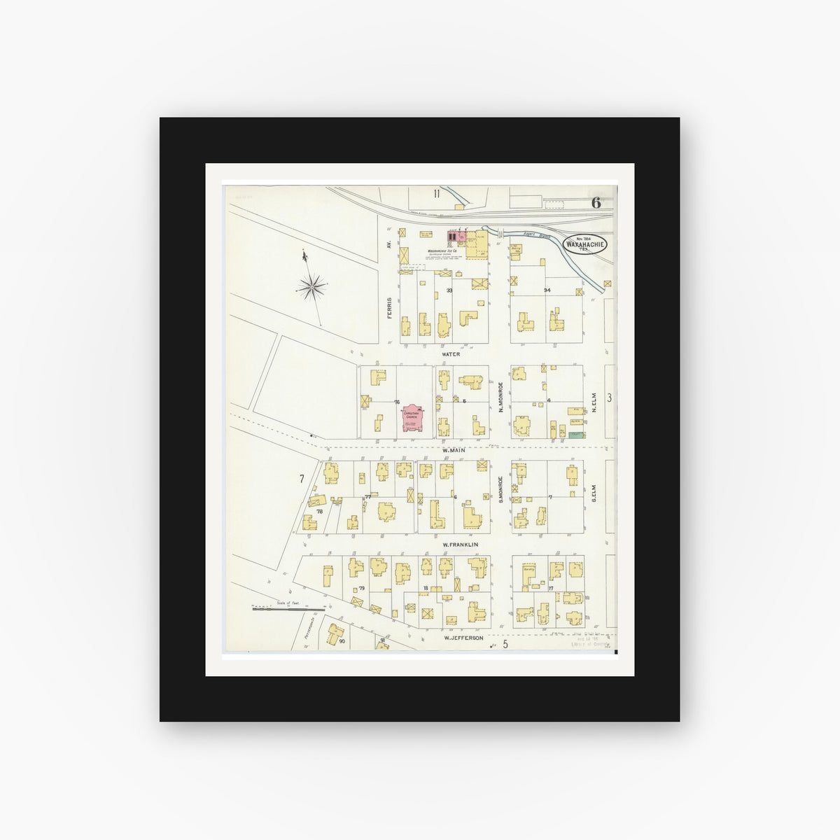 Old map wall art mockup — black gallery frame with white mat — Sanborn Fire Insurance Map from Waxahachie, Ellis County, Texas (1904), Sheet #0006