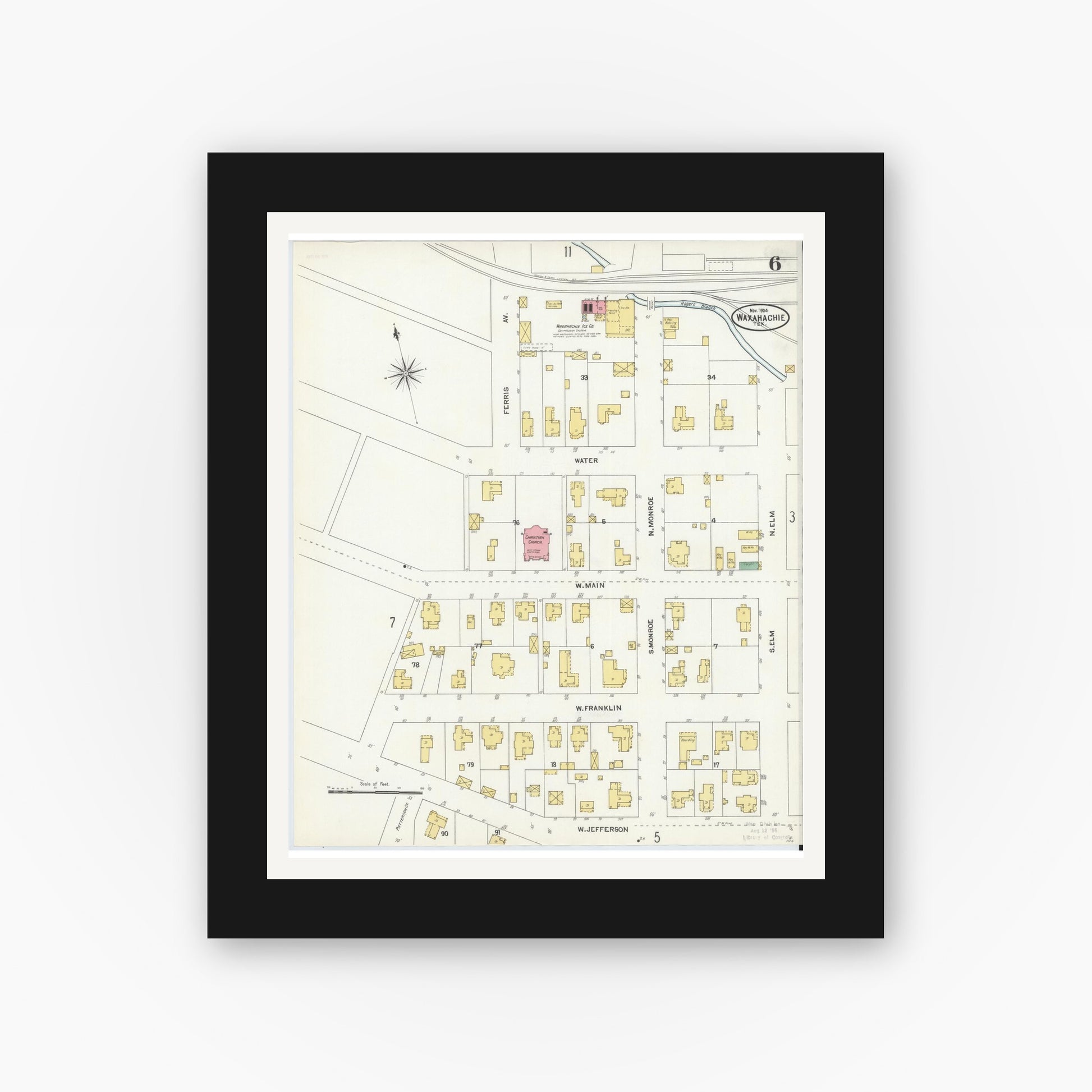Old map wall art mockup — black gallery frame with white mat — Sanborn Fire Insurance Map from Waxahachie, Ellis County, Texas (1904), Sheet #0006