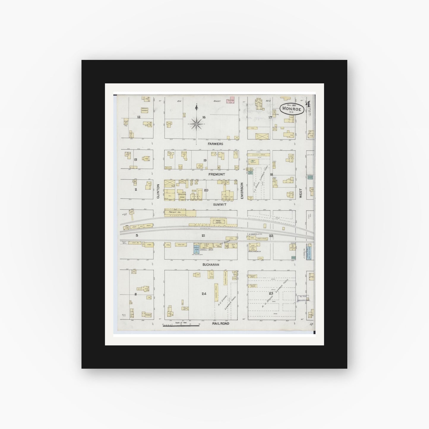 Old map wall art mockup — black gallery frame with white mat — Sanborn Fire Insurance Map from Monroe, Green County, Wisconsin (1889), Sheet #0004