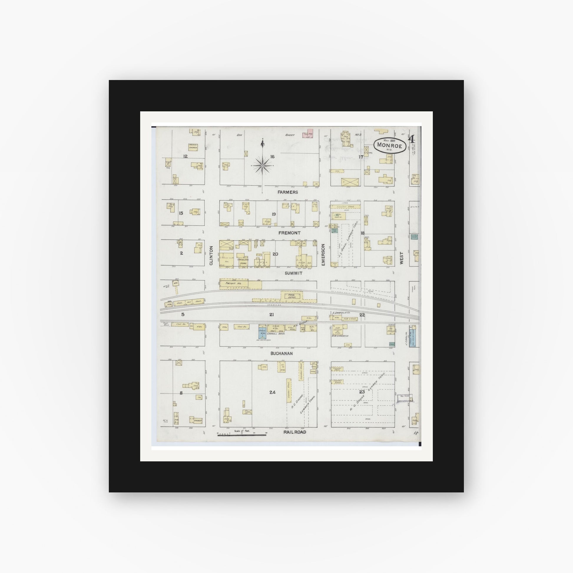 Old map wall art mockup — black gallery frame with white mat — Sanborn Fire Insurance Map from Monroe, Green County, Wisconsin (1889), Sheet #0004