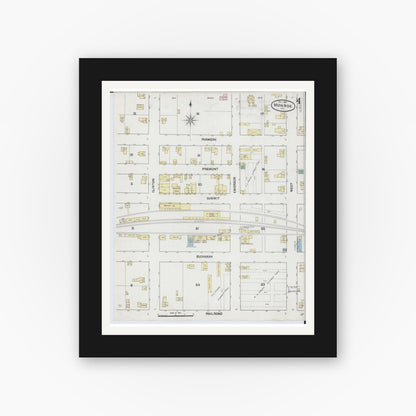 Old map wall art mockup — black gallery frame with white mat — Sanborn Fire Insurance Map from Monroe, Green County, Wisconsin (1889), Sheet #0004
