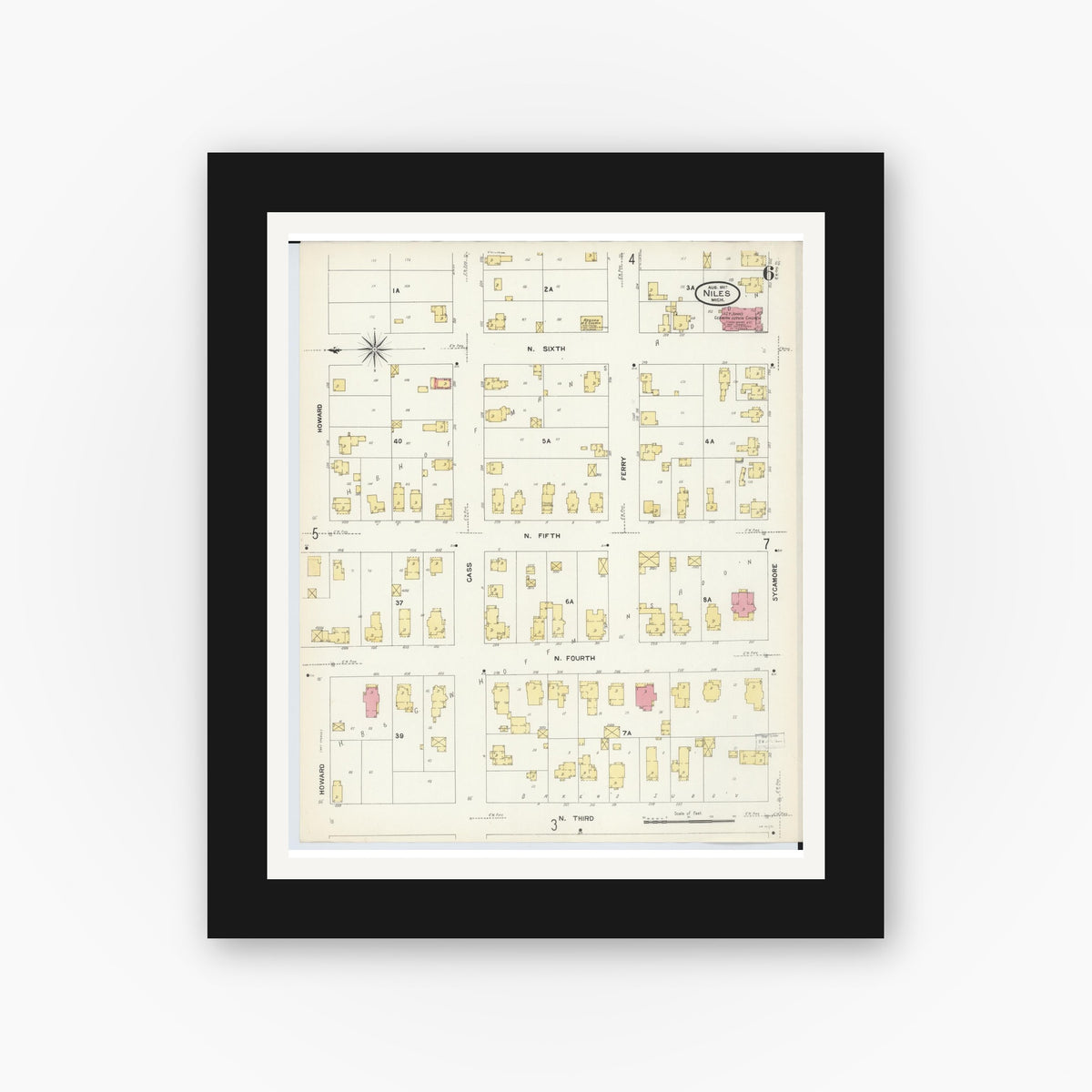 Old map wall art mockup — black gallery frame with white mat — Sanborn Fire Insurance Map from Niles, Berrien County, Michigan (1907), Sheet #0006