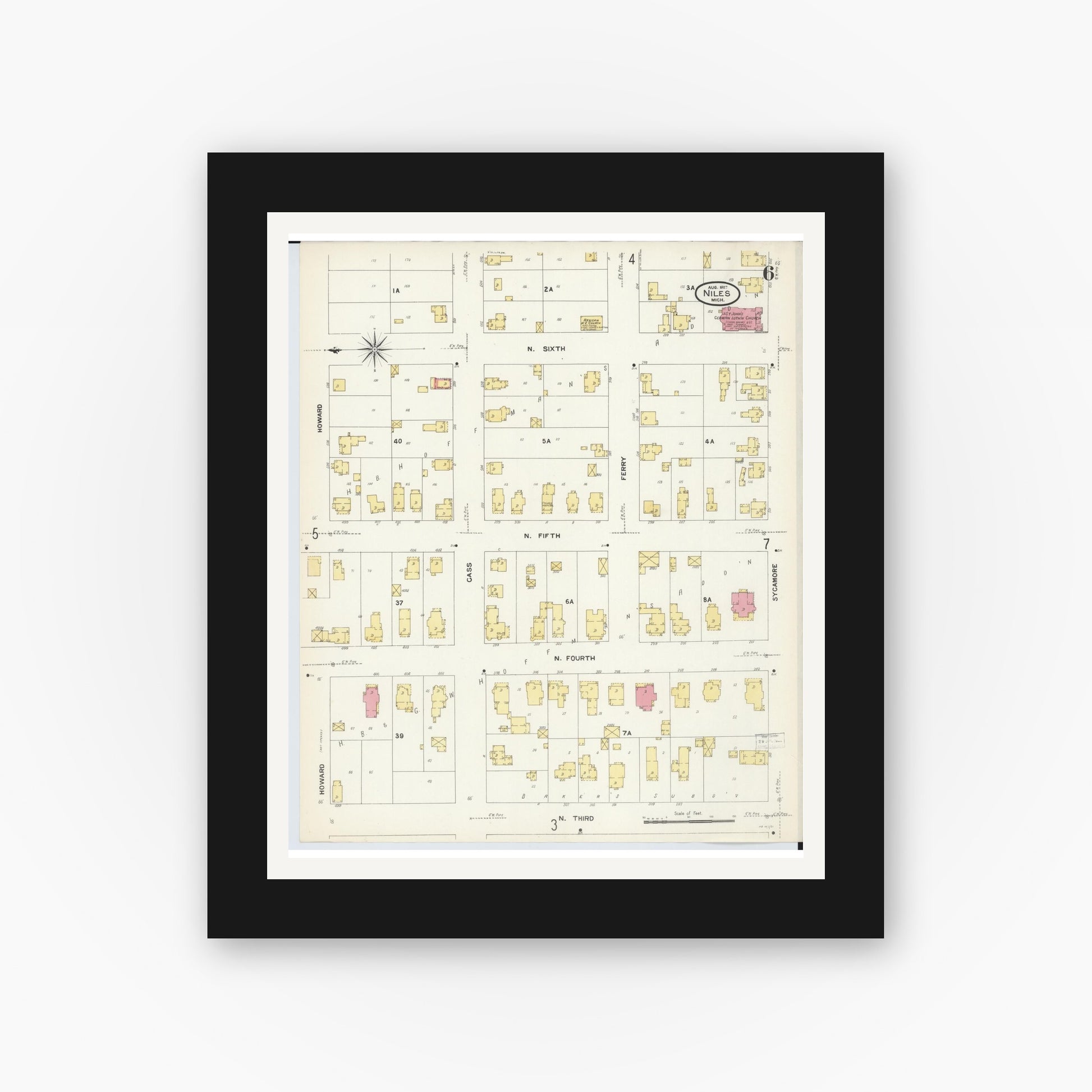 Old map wall art mockup — black gallery frame with white mat — Sanborn Fire Insurance Map from Niles, Berrien County, Michigan (1907), Sheet #0006