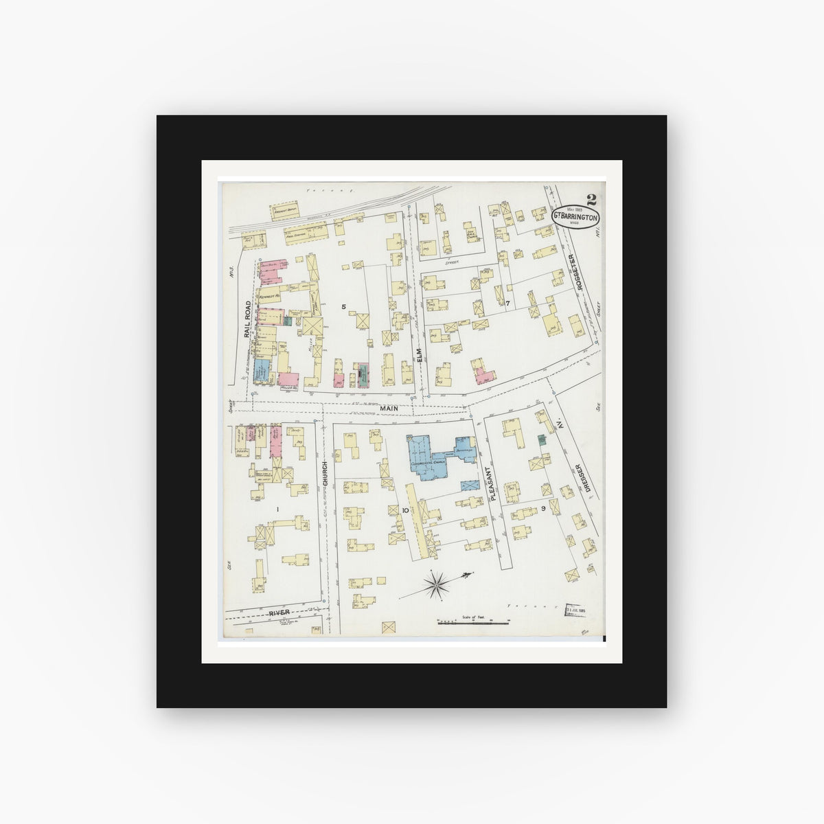 Old map wall art mockup — black gallery frame with white mat — Sanborn Fire Insurance Map from Great Barrington, Berkshire County, Massachusetts (1889), Sheet #0002