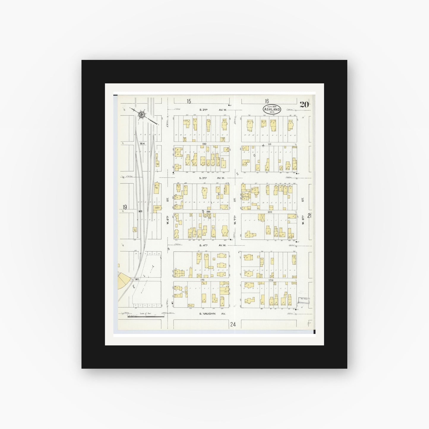 Old map wall art mockup — black gallery frame with white mat — Sanborn Fire Insurance Map from Ashland, Ashland County, Wisconsin (1909), Sheet #0020