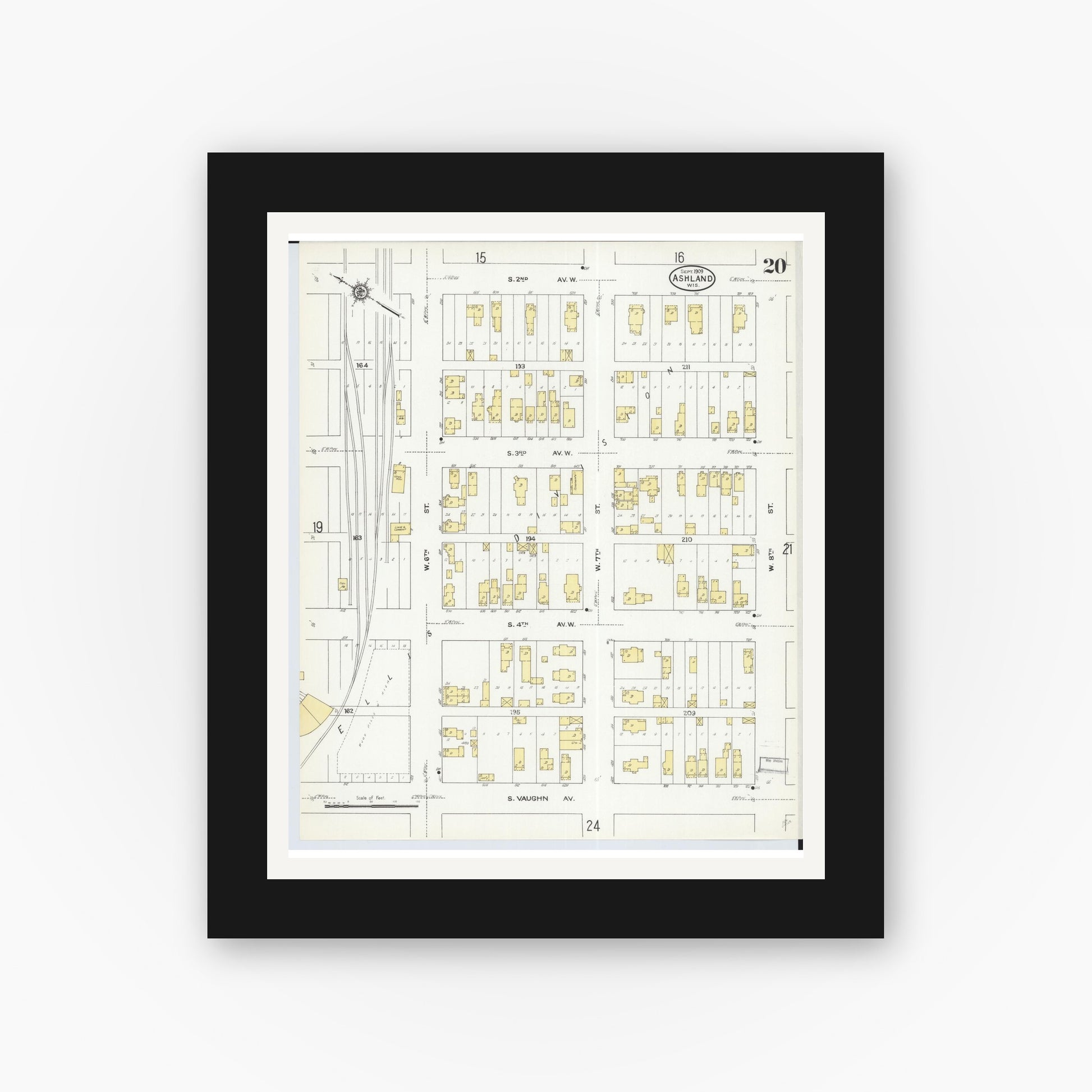 Old map wall art mockup — black gallery frame with white mat — Sanborn Fire Insurance Map from Ashland, Ashland County, Wisconsin (1909), Sheet #0020