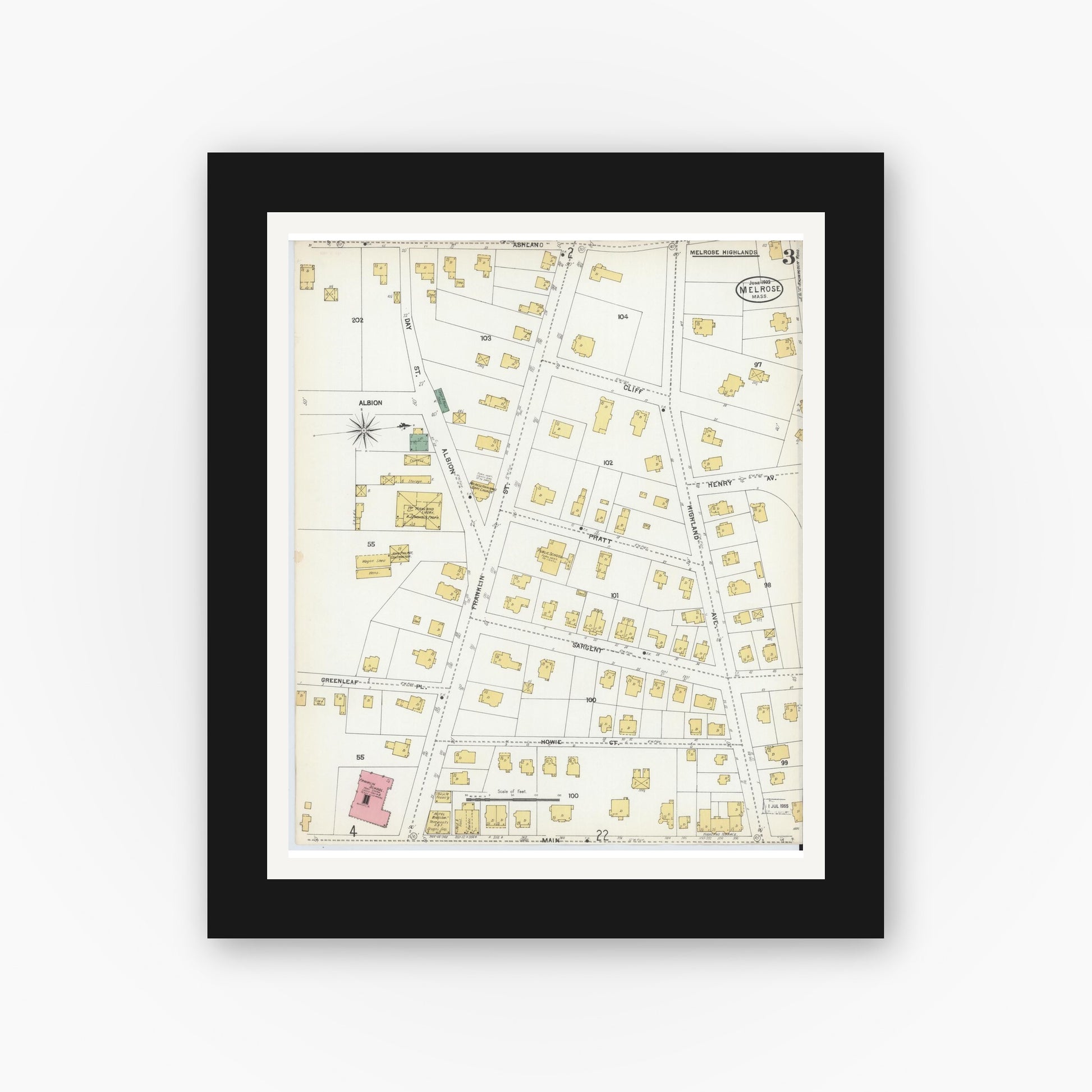 Old map wall art mockup — black gallery frame with white mat — Sanborn Fire Insurance Map from Melrose, Middlesex County, Massachusetts (1903), Sheet #0003