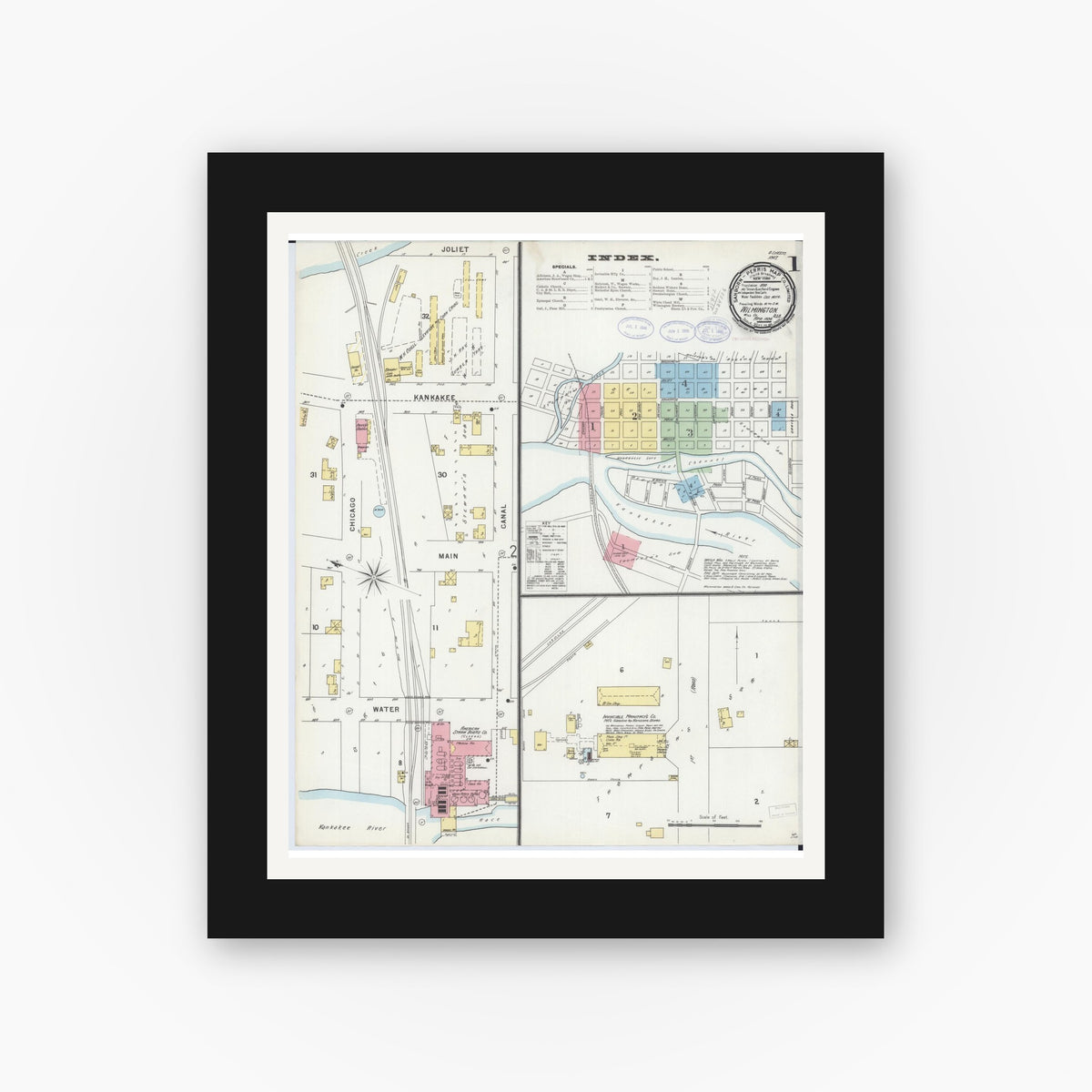 Old map wall art mockup — black gallery frame with white mat — Sanborn Fire Insurance Map from Wilmington, Will County, Illinois (1898) - Complete Map Set