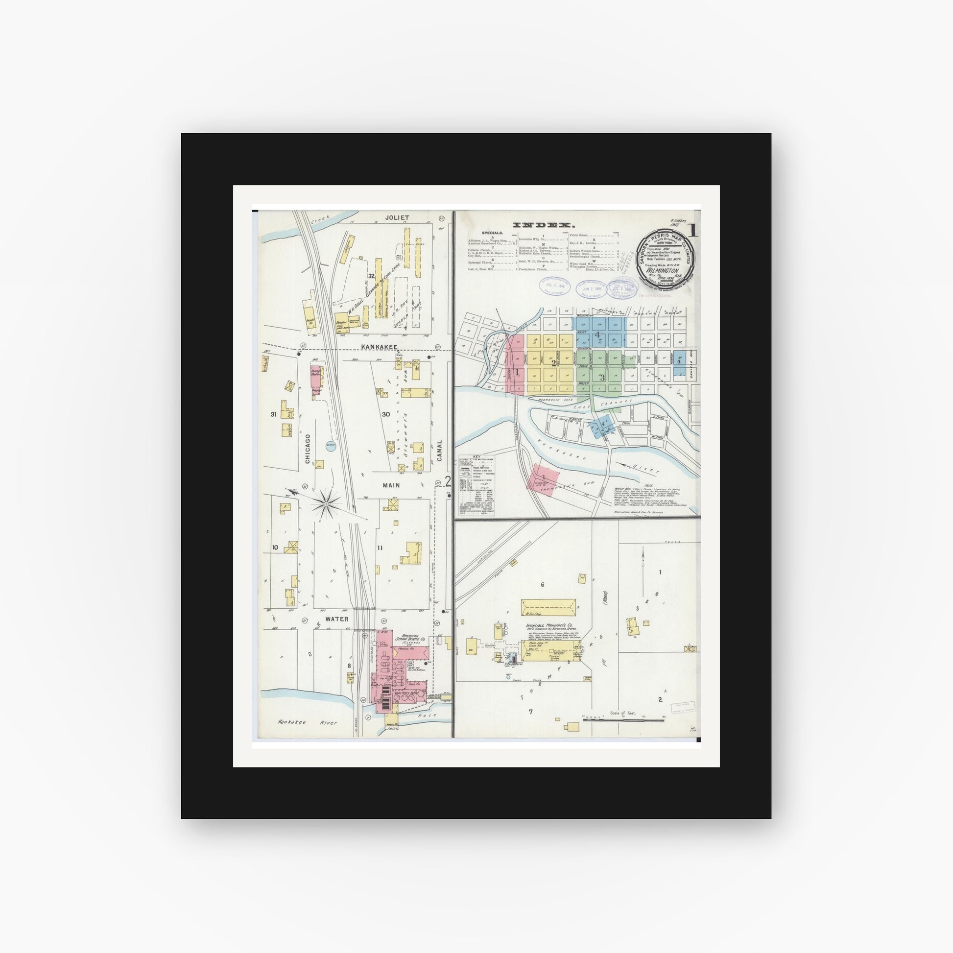Old map wall art mockup — black gallery frame with white mat — Sanborn Fire Insurance Map from Wilmington, Will County, Illinois (1898) - Complete Map Set