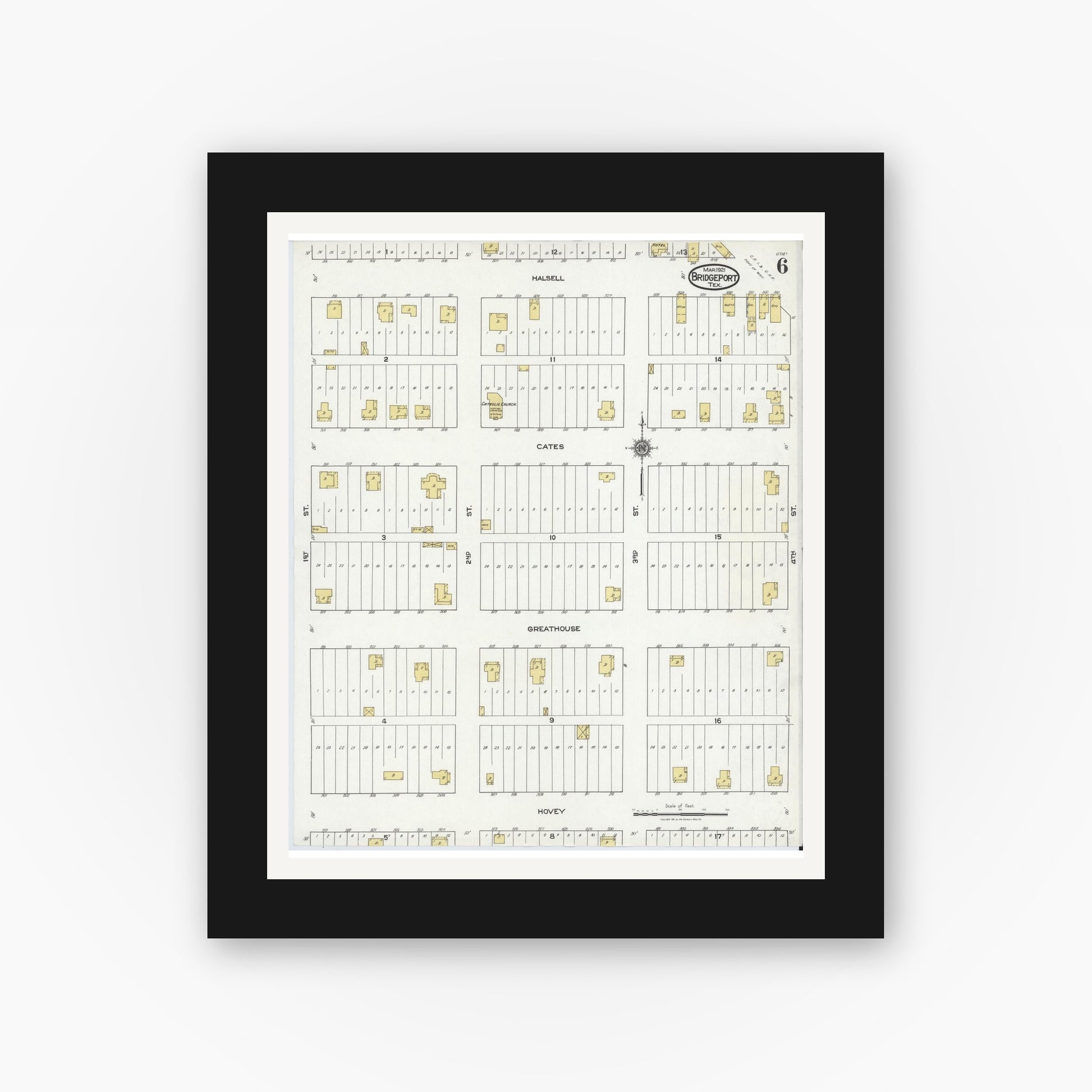 Old map wall art mockup — black gallery frame with white mat — Sanborn Fire Insurance Map from Bridgeport, Wise County, Texas (1921), Sheet #0006