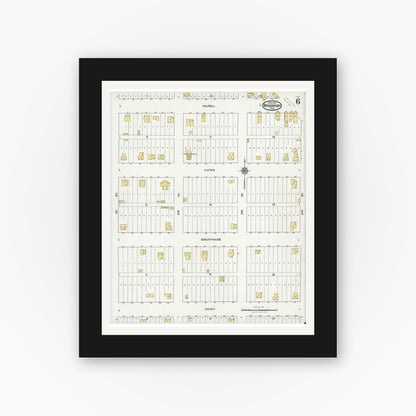Old map wall art mockup — black gallery frame with white mat — Sanborn Fire Insurance Map from Bridgeport, Wise County, Texas (1921), Sheet #0006