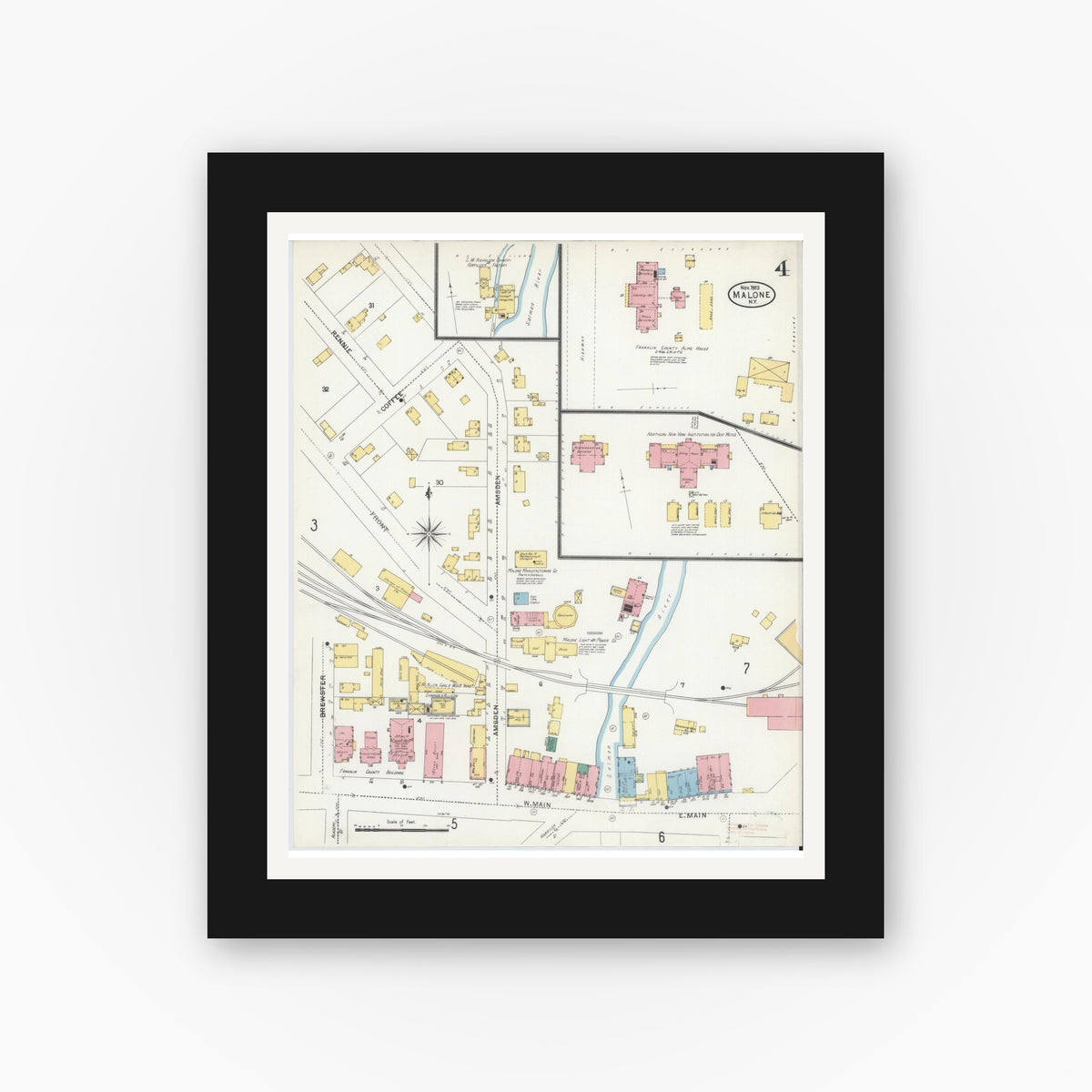 Old map wall art mockup — black gallery frame with white mat — Sanborn Fire Insurance Map from Malone, Franklin County, New York (1903), Sheet #0004