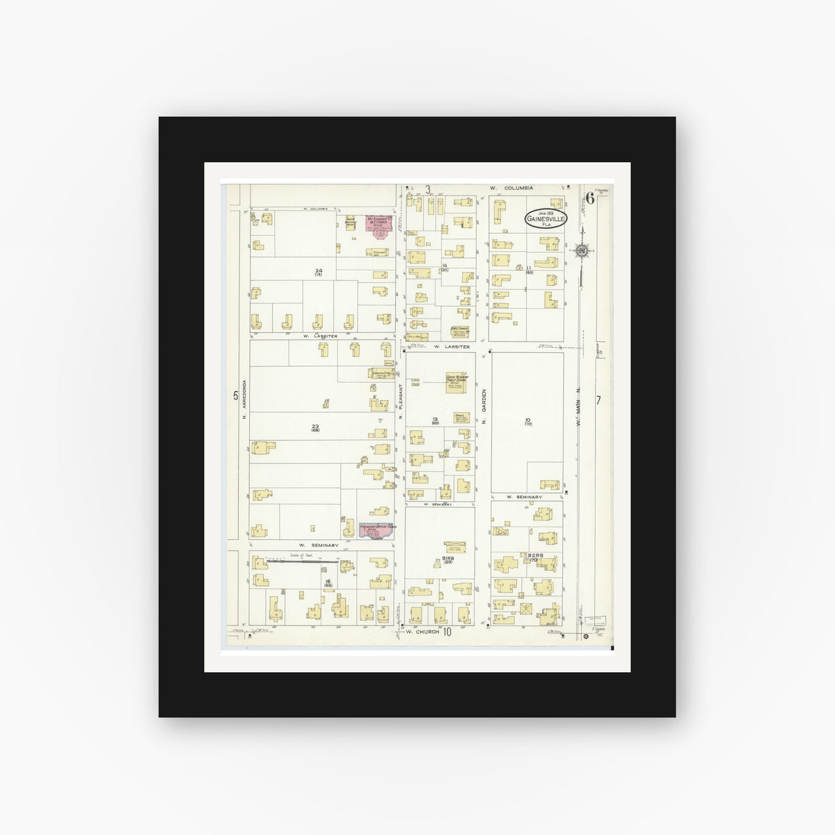 Old map wall art mockup — black gallery frame with white mat — Sanborn Fire Insurance Map from Gainesville, Alachua County, Florida (1913), Sheet #0006