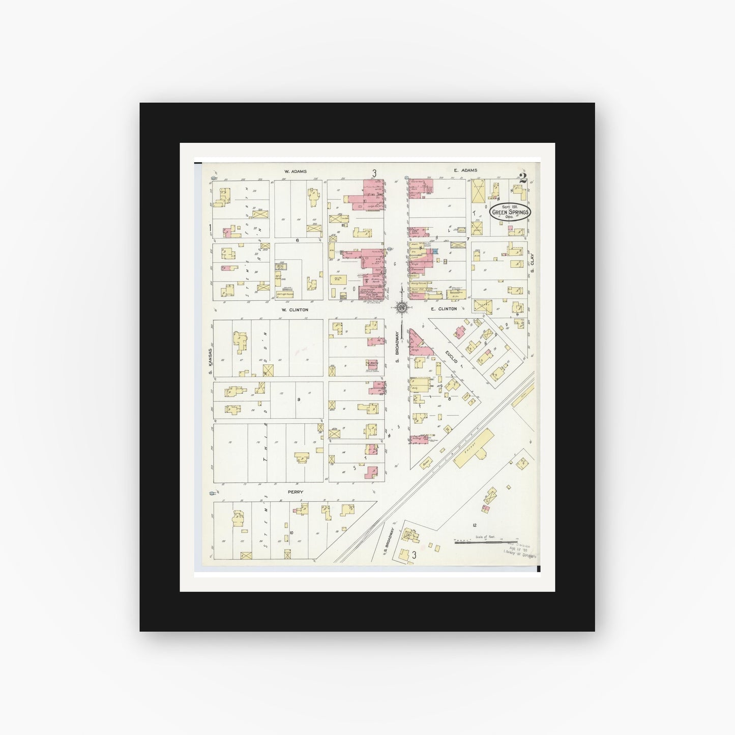 Old map wall art mockup — black gallery frame with white mat — Sanborn Fire Insurance Map from Green Springs, Sandusky And Seneca Counties, Ohio (1911), Sheet #0002