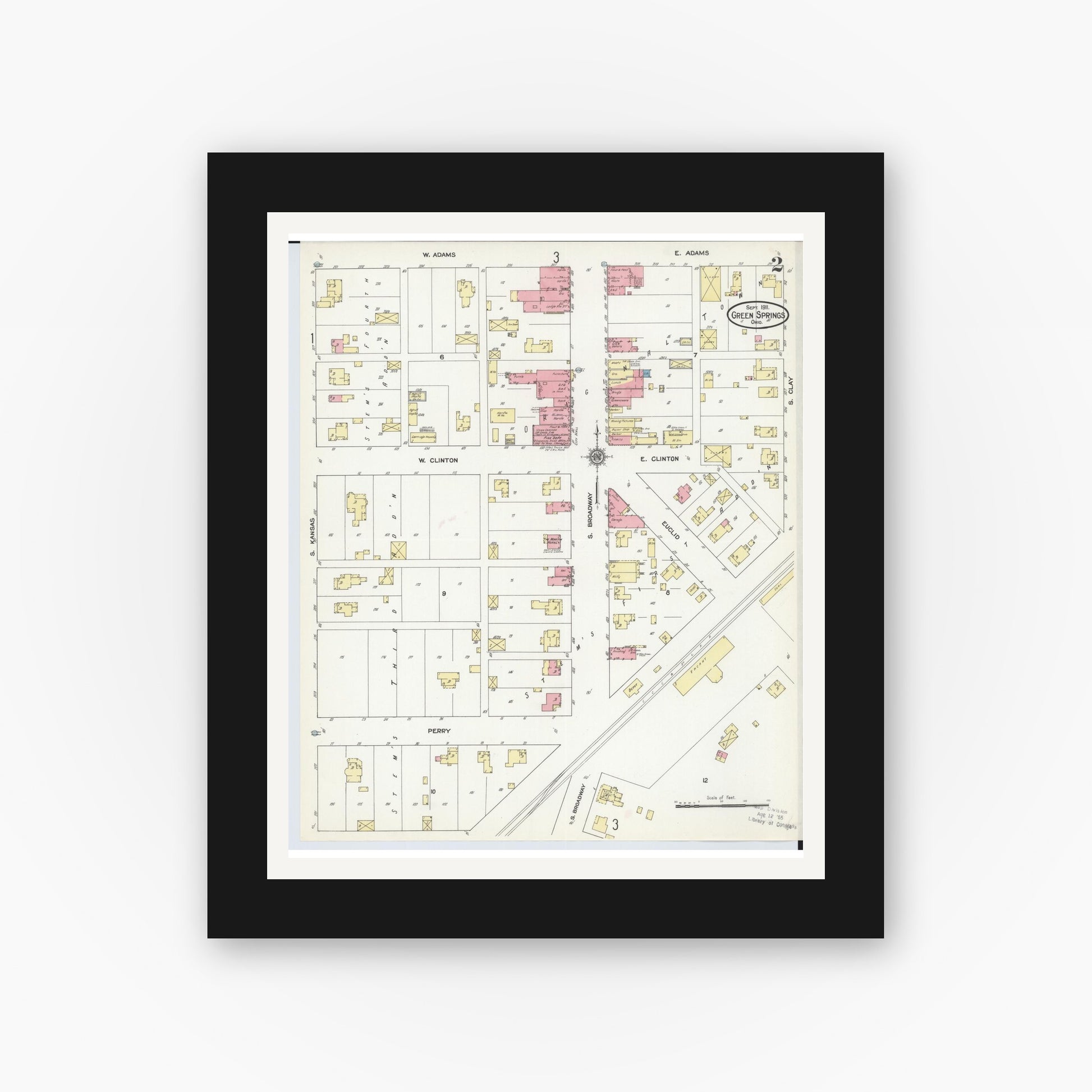 Old map wall art mockup — black gallery frame with white mat — Sanborn Fire Insurance Map from Green Springs, Sandusky And Seneca Counties, Ohio (1911), Sheet #0002