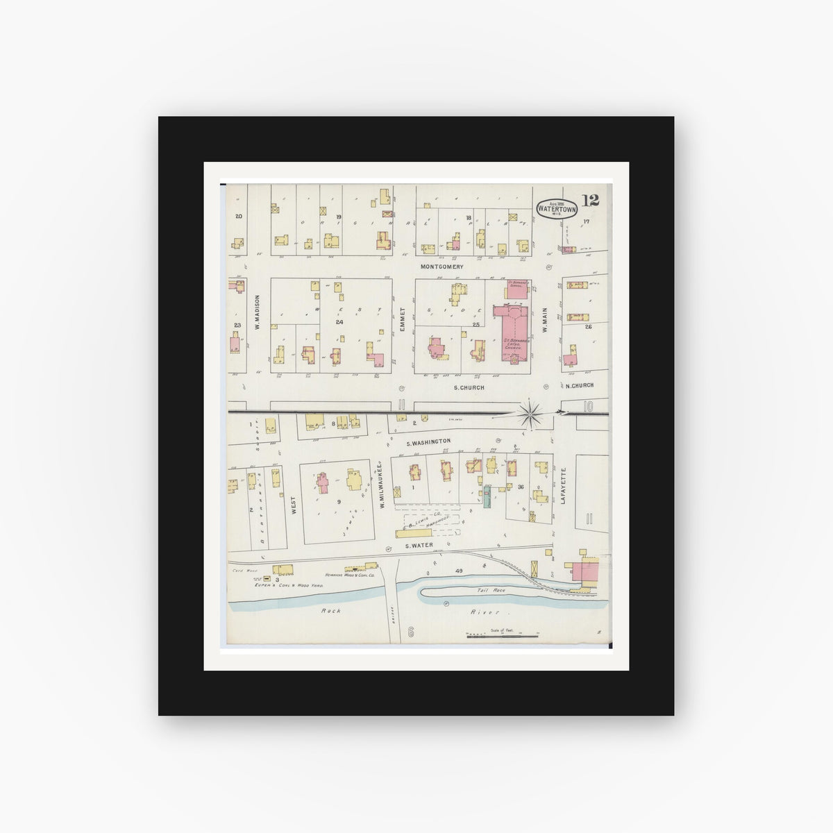 Old map wall art mockup — black gallery frame with white mat — Sanborn Fire Insurance Map from Watertown, Jefferson County, Wisconsin (1895), Sheet #0012